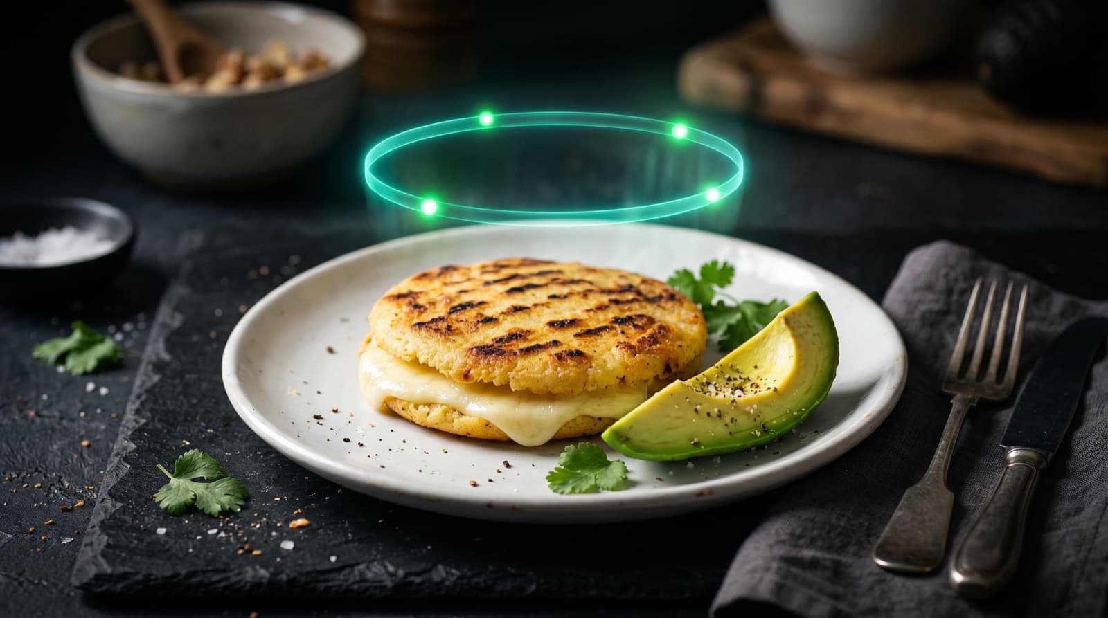 Plato con arepa colombiana y aguacate, anillo de calorías holográfico