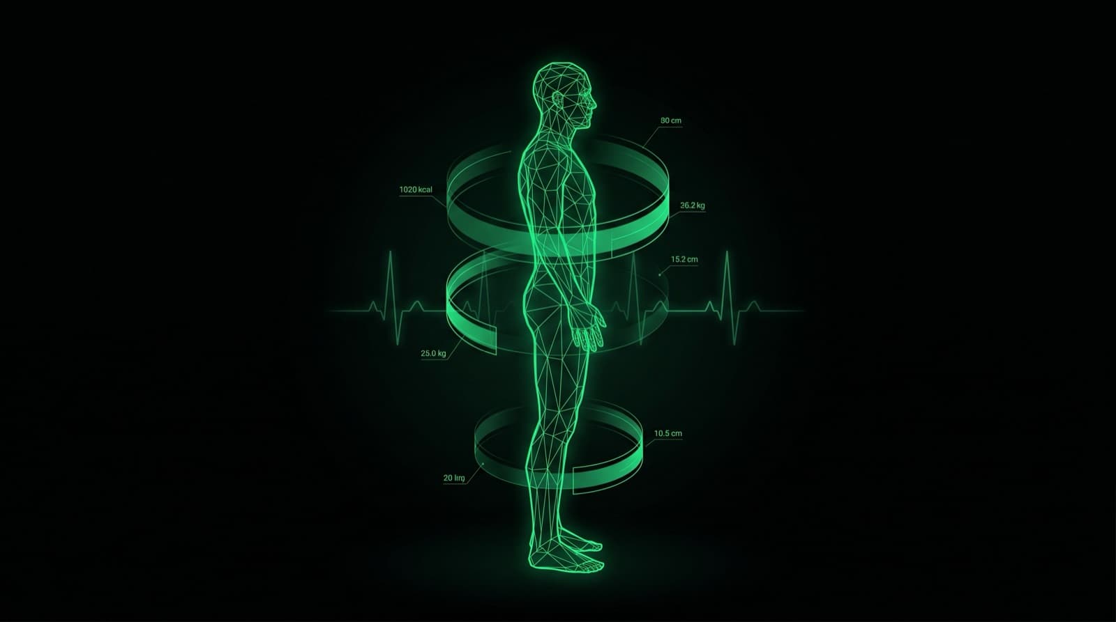Silueta humana en wireframe verde con lecturas de datos corporales