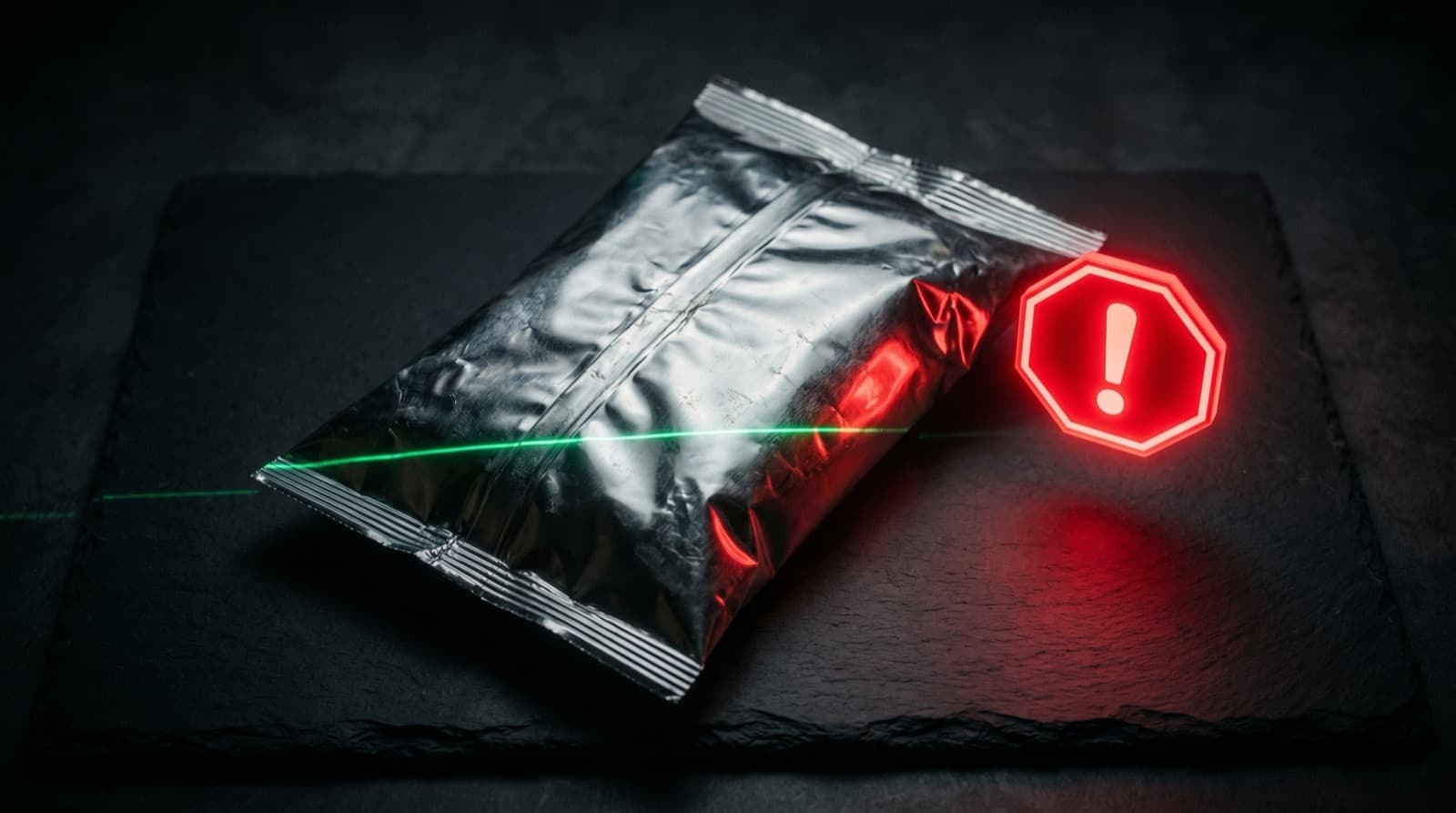 Paquete de snack con sello de advertencia rojo y láser de escaneo verde