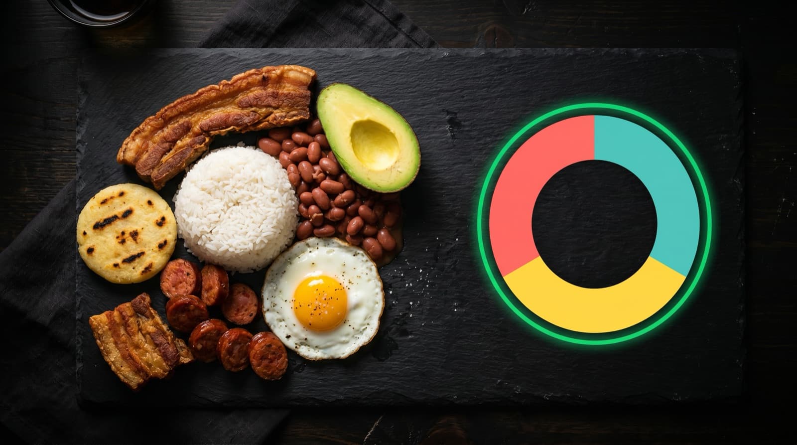 Bandeja paisa sobre pizarra negra con gráfico de macros en anillo