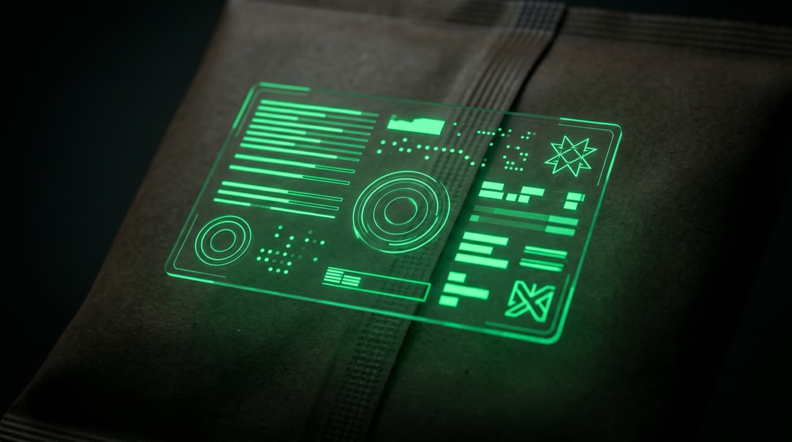 Panel holográfico verde con elementos de interfaz sobre una etiqueta nutricional