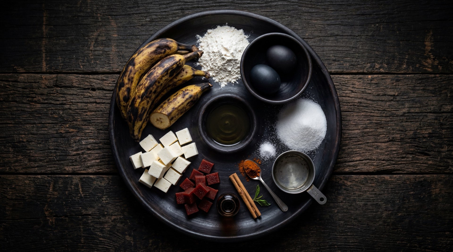 Ingredientes de los aborrajados vallunos: platanos maduros de cascara negra, queso costeno en tiras, harina de trigo, huevos, leche entera y aceite vegetal