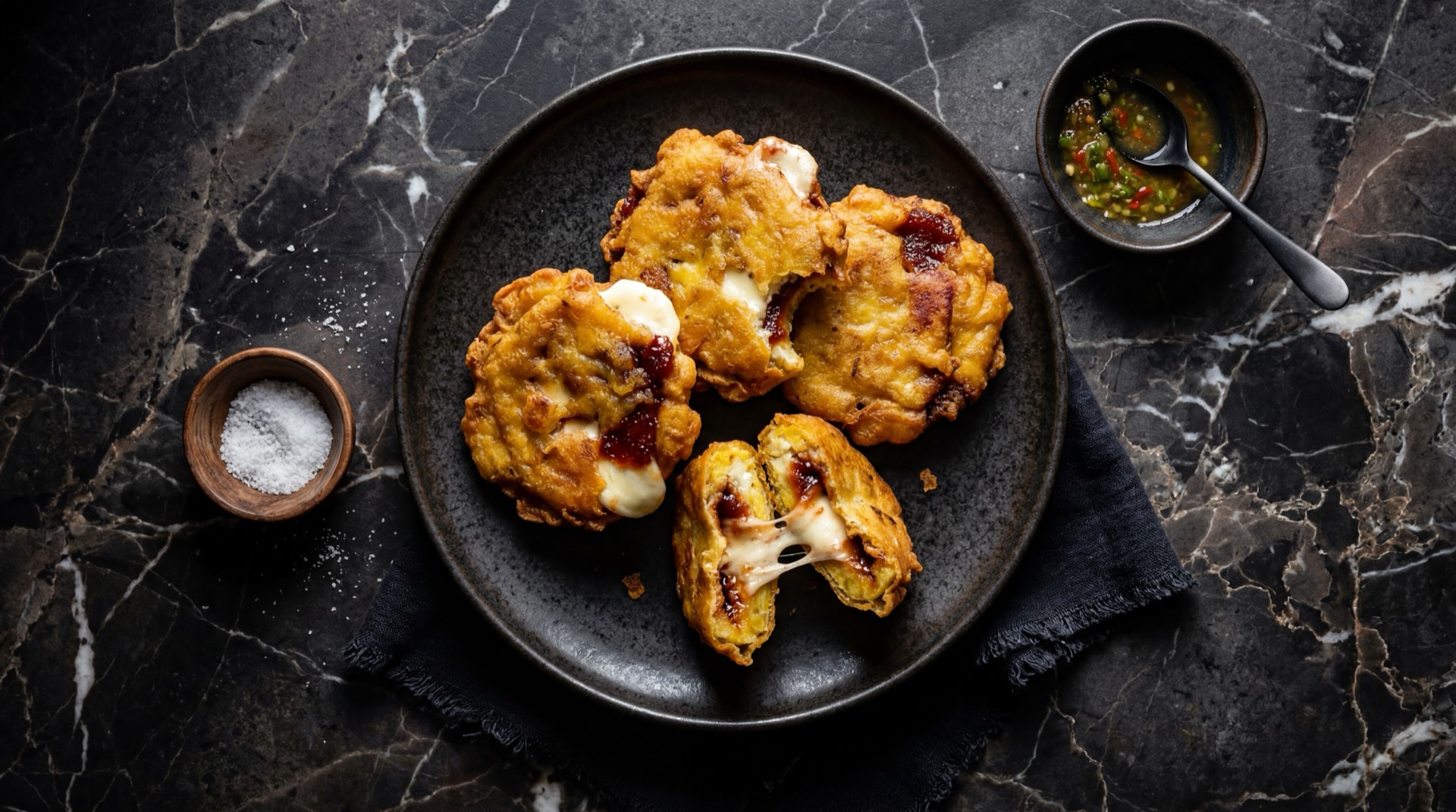 Aborrajados vallunos de platano maduro relleno de queso costeno, rebozados y fritos hasta quedar dorados