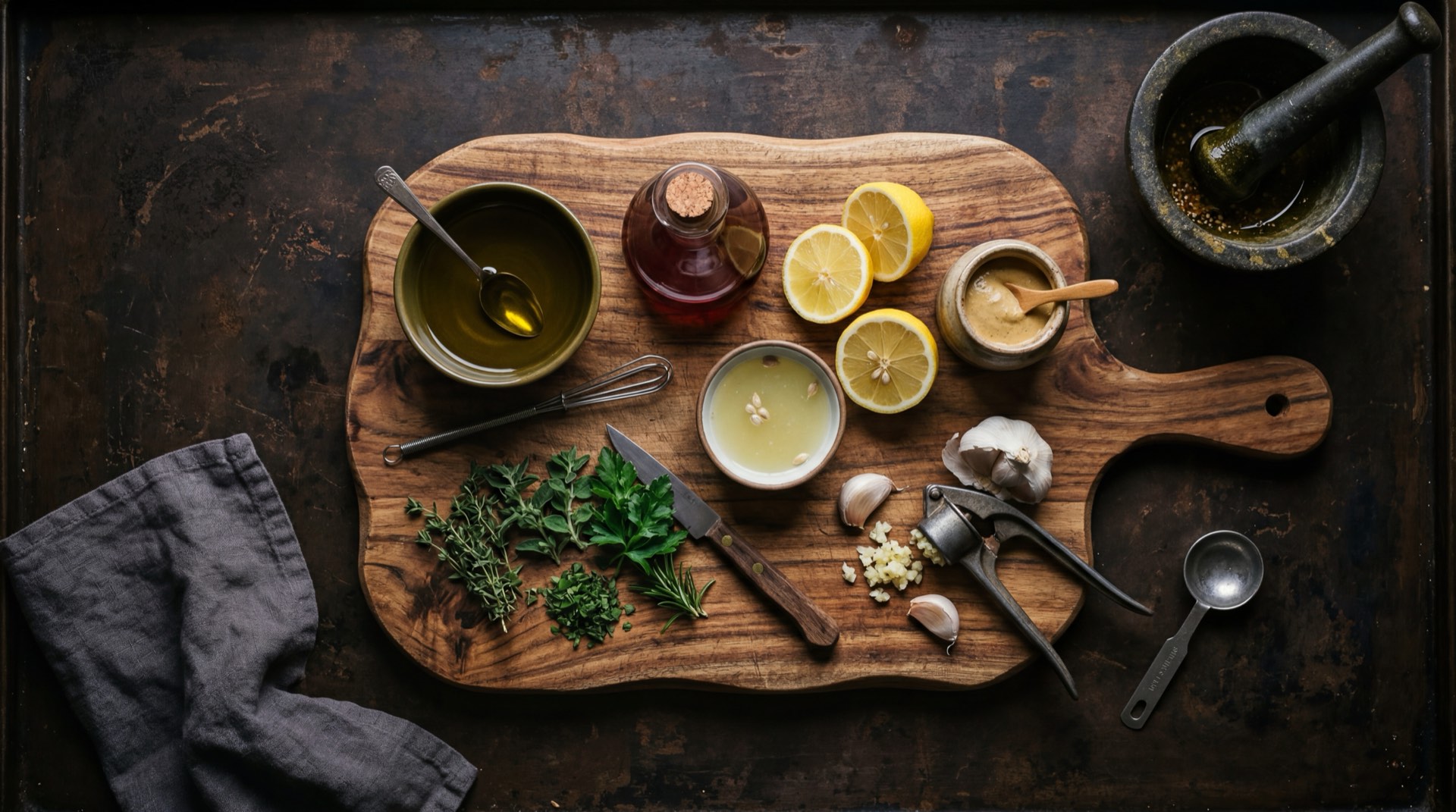 Ingredientes de la vinagreta colombiana: aceite de oliva extra virgen dorado, limones verdes frescos, mostaza Dijon, diente de ajo fresco pelado, miel de abejas pura y cilantro fresco