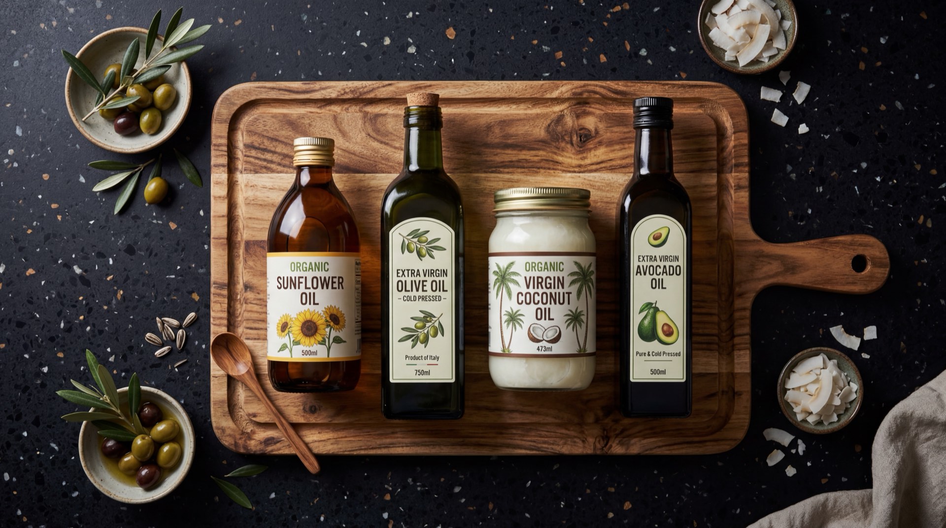 Ingredientes para cocinar con Aceite Girasoli: botella de aceite de girasol dorado, semillas de girasol enteras sin cascara y una cucharada medidora de acero inoxidable