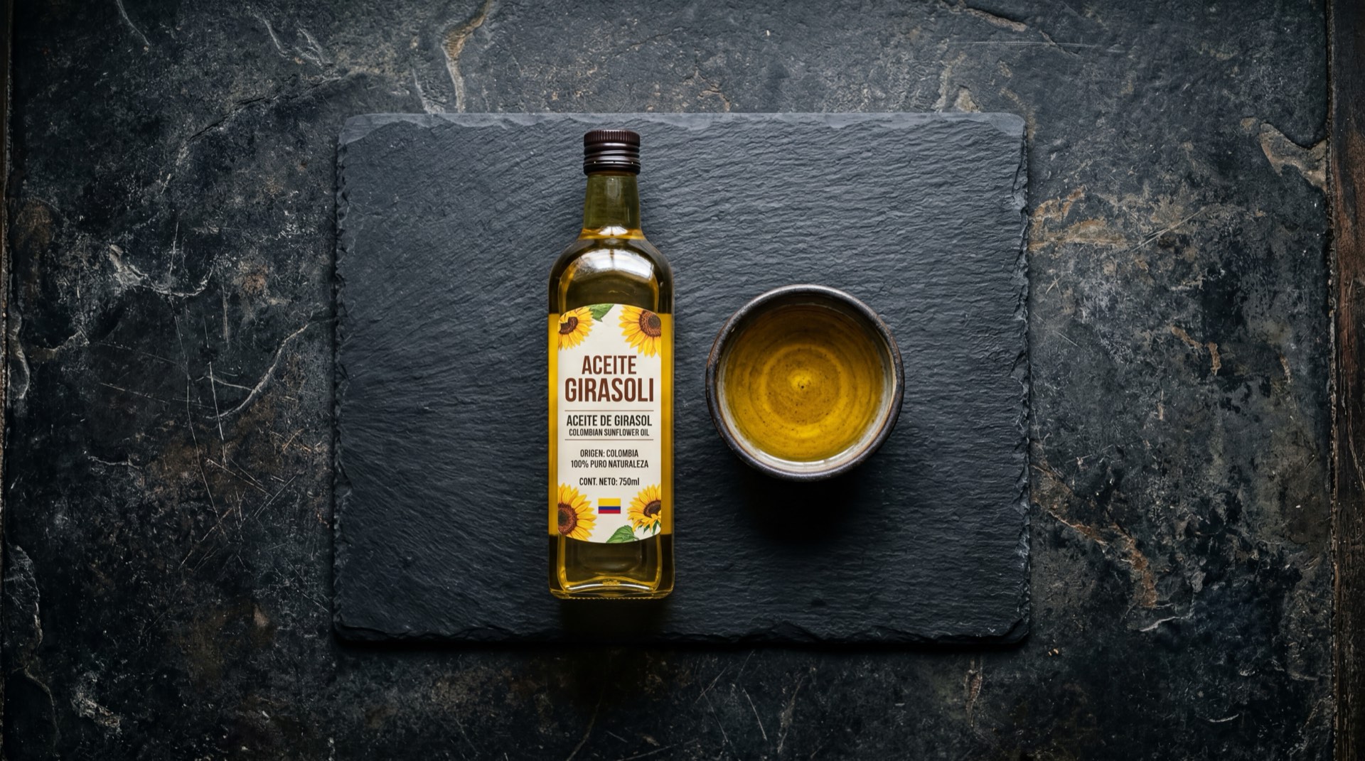 Botella de Aceite Girasoli de Team Foods, aceite de girasol dorado en botella plastica transparente sobre mesa de marmol oscuro