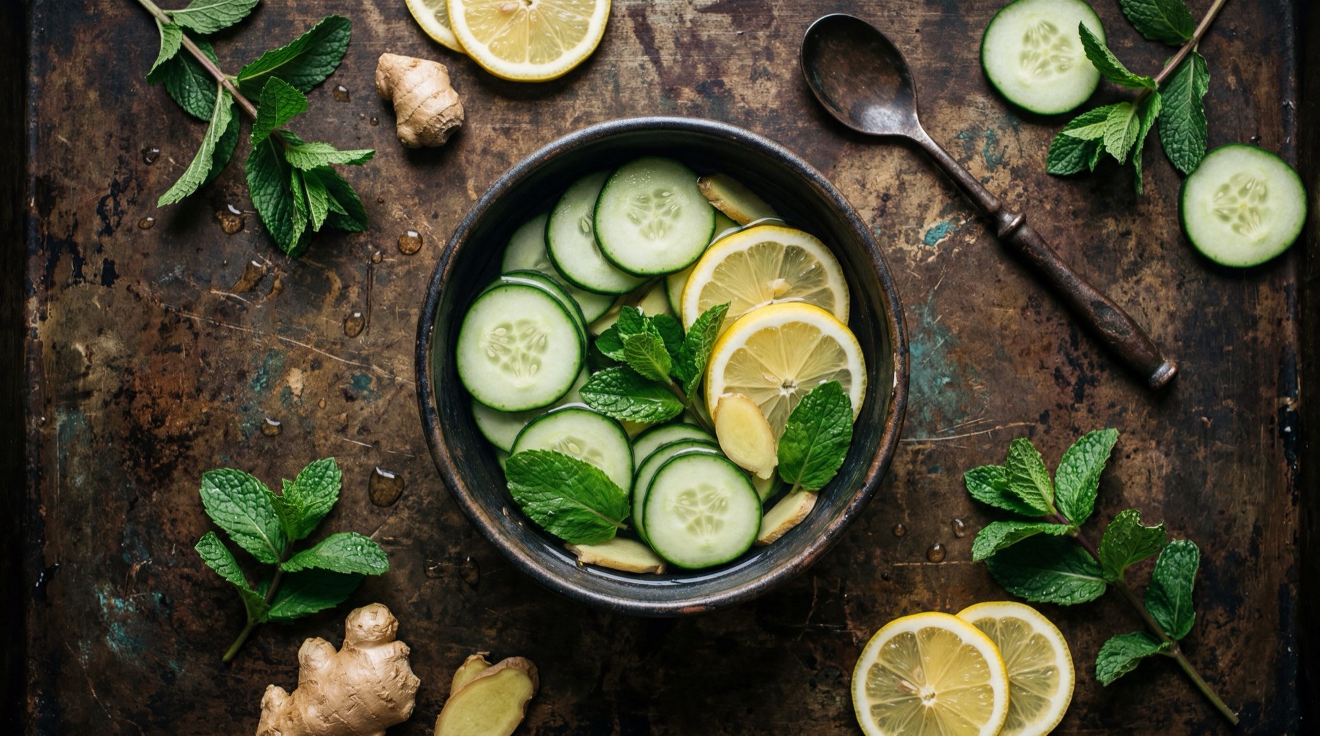 Botella de Agua Brisa natural abierta junto a rodajas de limon verde fresco, cubos de hielo cristalino y hojas de hierbabuena fresca