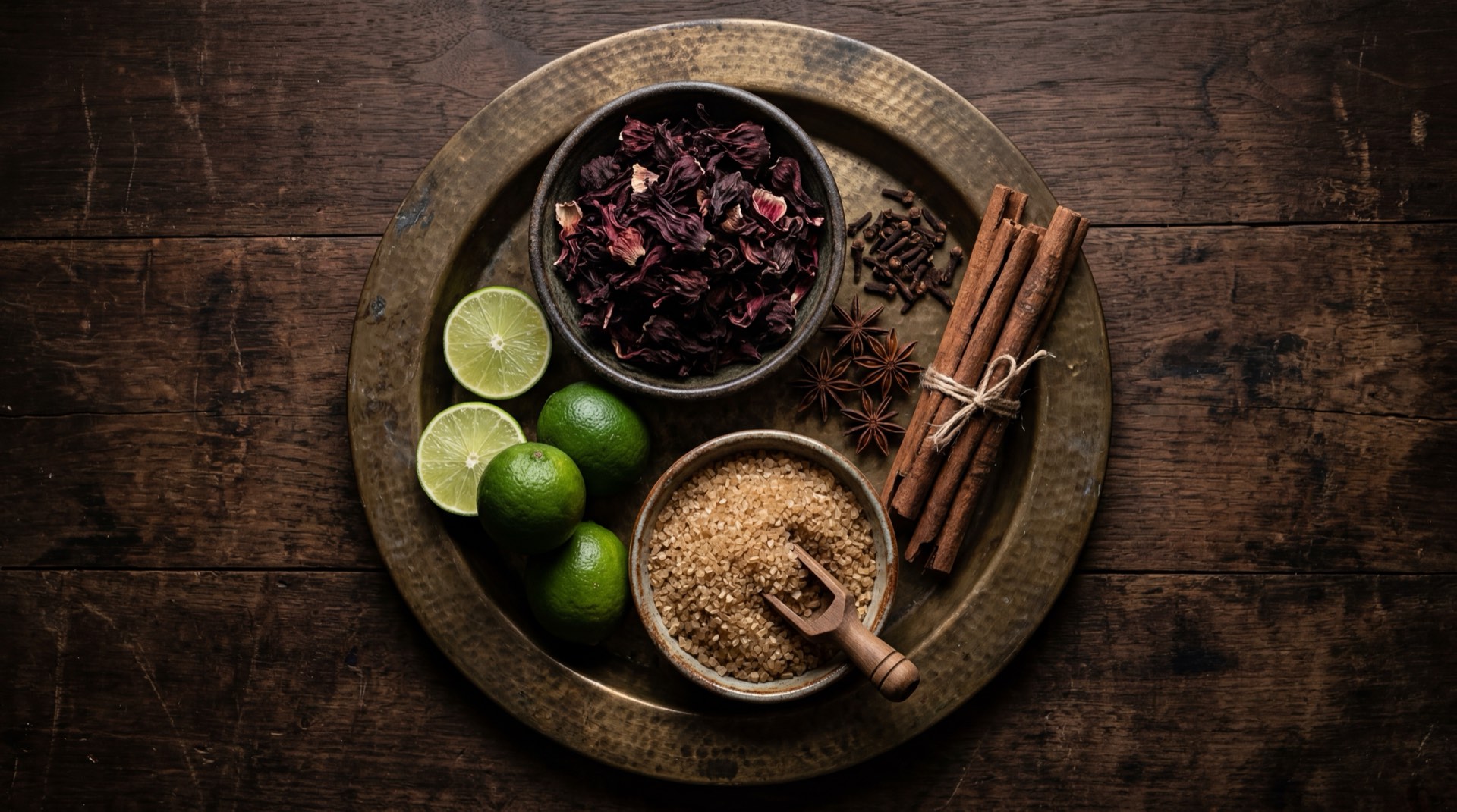 Ingredientes del agua de jamaica mexicana: flores de jamaica secas deshidratadas color rojo oscuro, azucar blanca refinada, raja de canela entera de Ceylan, limon verde mexicano fresco y hielo