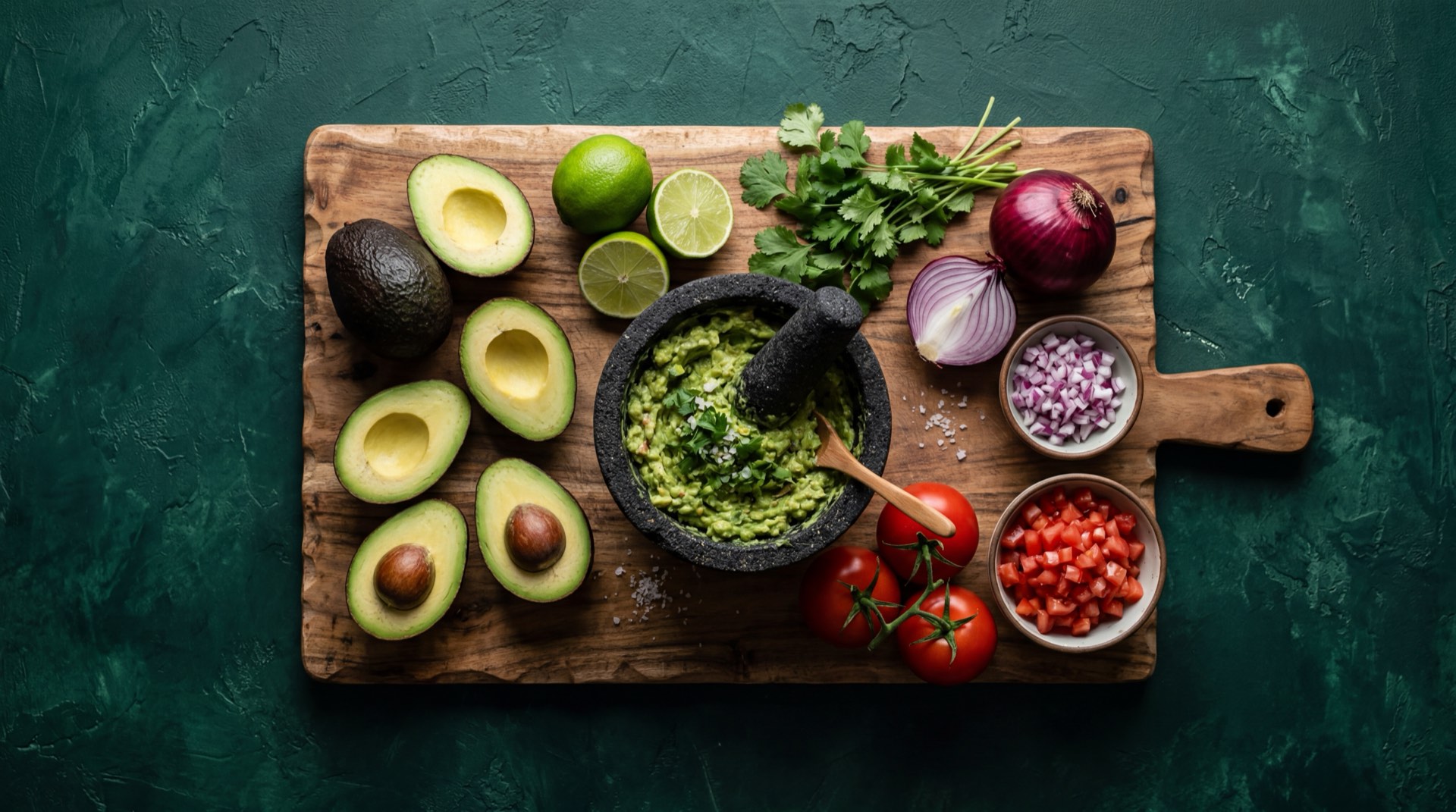 Ingredientes del guacamole colombiano: aguacates maduros tipo Hass cortados por la mitad, tomate rojo maduro picado en cubitos, cebolla larga fresca picada, cilantro fresco en manojo, limon tahiti fresco cortado, aji dulce pequeno y sal gruesa