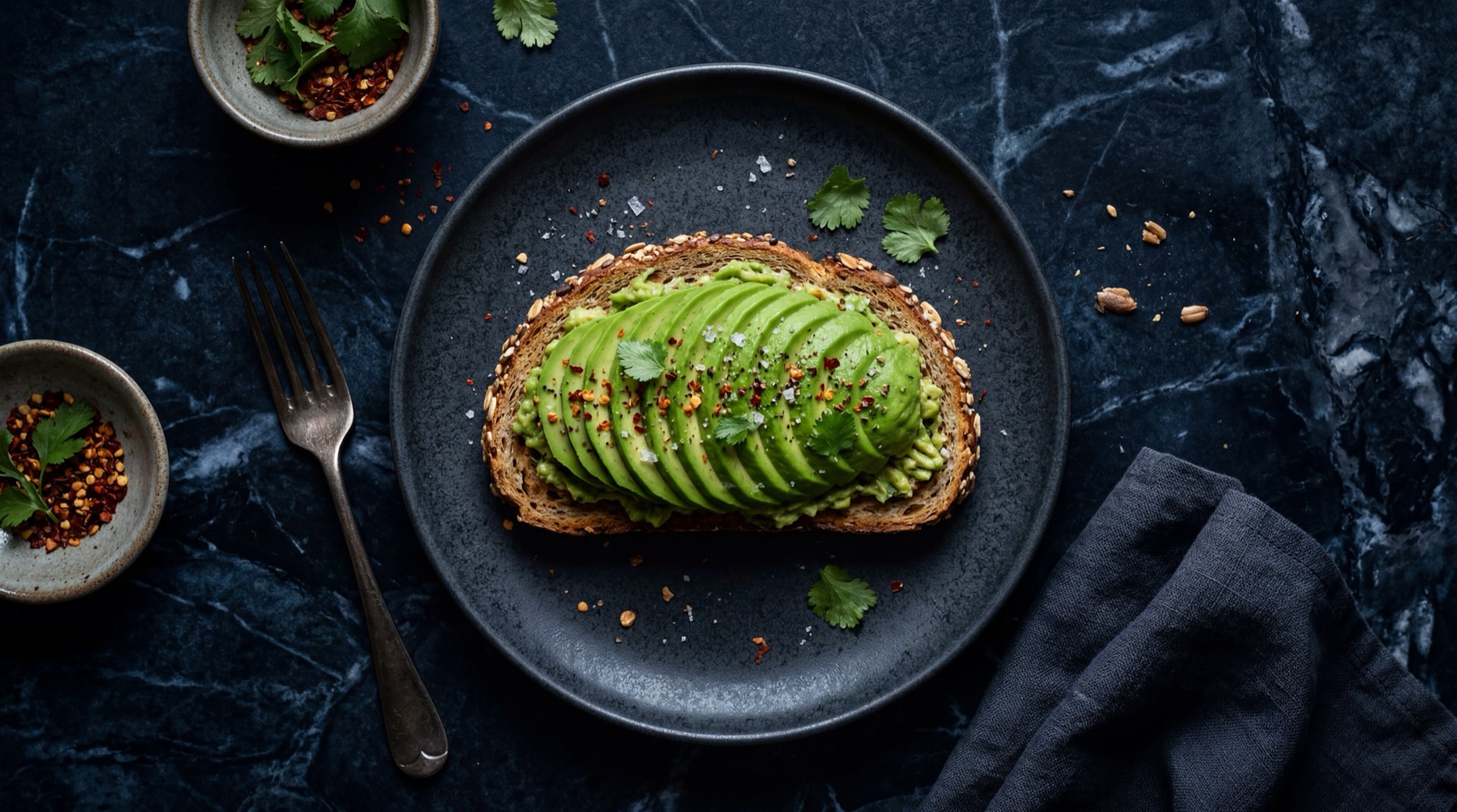 Aguacate colombiano en version saludable: rodajas finas de aguacate Hass sobre tostada integral con semillas de chia y tomate cherry