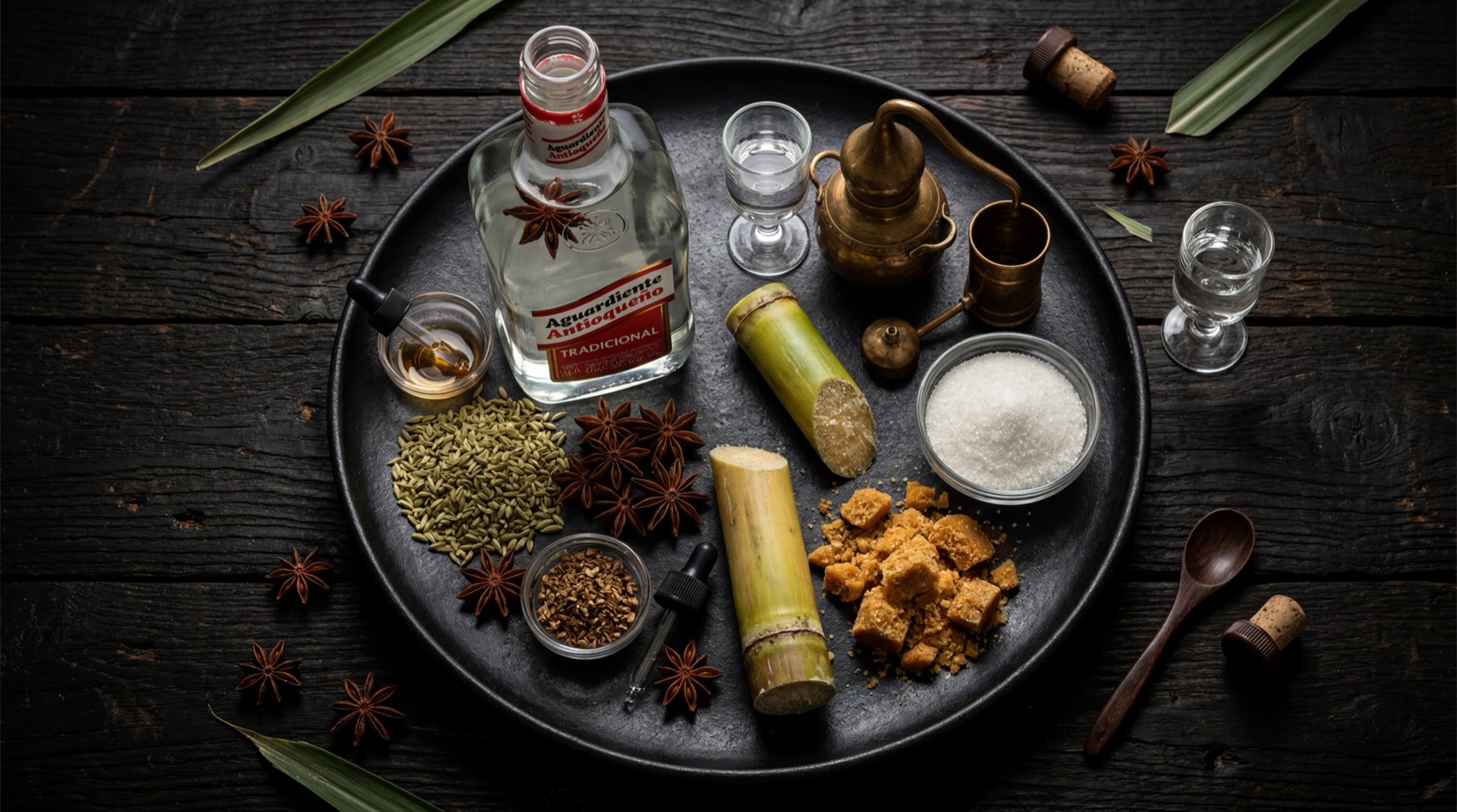Ingredientes del aguardiente: cana de azucar cortada, anis estrellado entero, agua pura y limon verde fresco cortado en rodajas sobre bandeja de acero oscuro