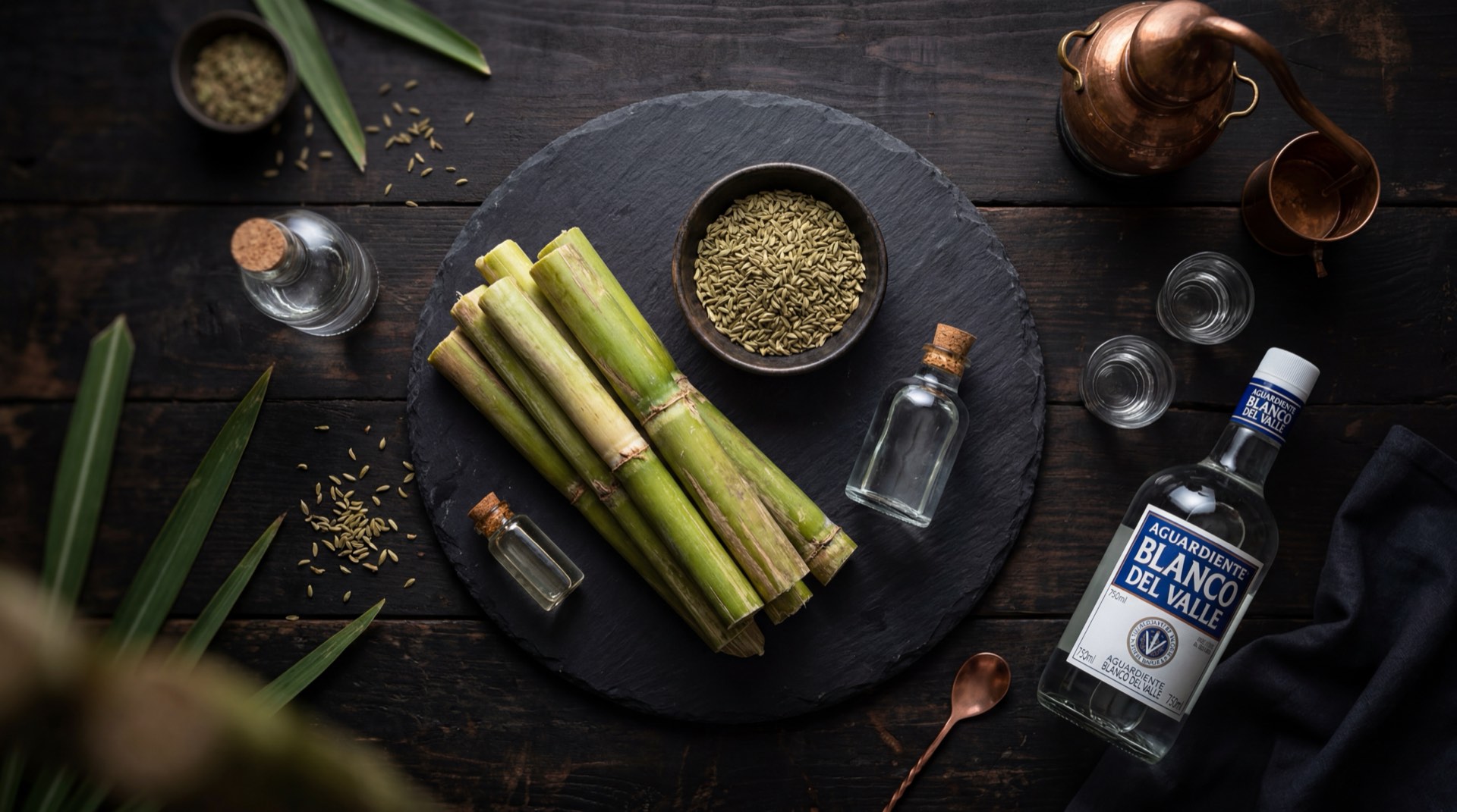 Ingredientes del aguardiente Blanco del Valle: cana de azucar cortada del Valle del Cauca, anis estrellado entero, agua pura y limon verde fresco sobre plancha de basalto volcanico