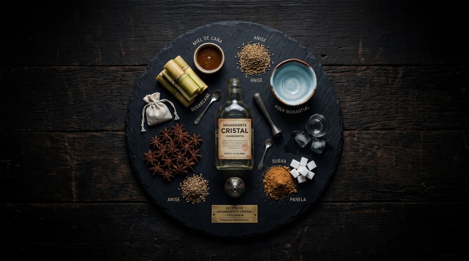 Ingredientes del aguardiente Cristal: cana de azucar cortada, anis estrellado entero, agua pura y limon verde fresco sobre tabla de madera de acacia oscura