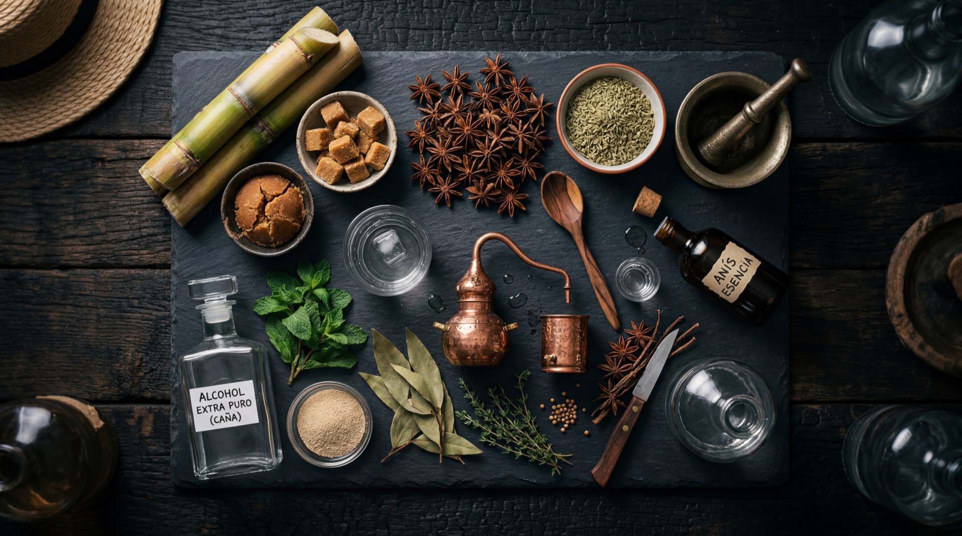 Ingredientes del aguardiente Nectar: cana de azucar cortada, anis estrellado entero, agua pura y limon verde fresco cortado en rodajas sobre plato de obsidiana negra