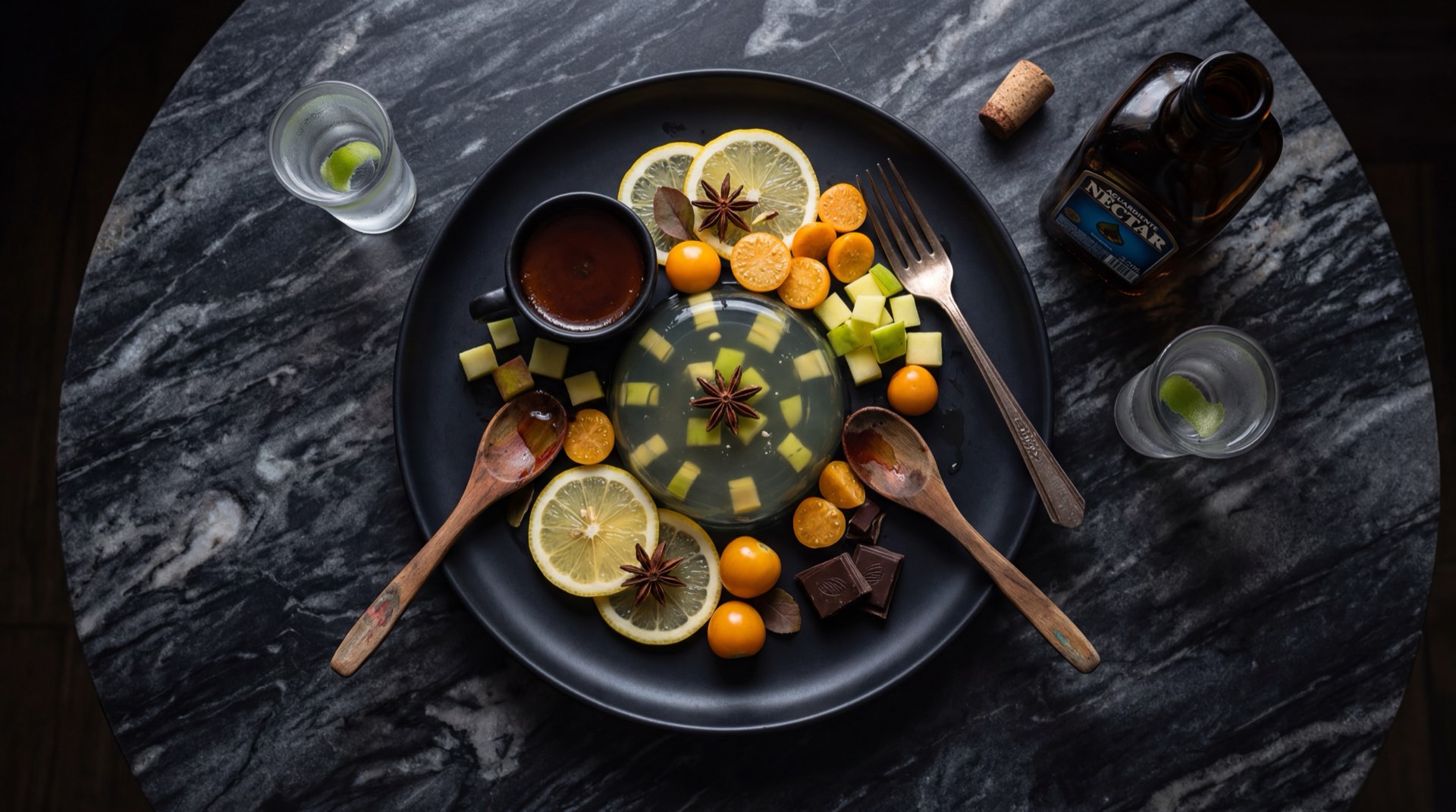 Botella de aguardiente Nectar azul de Cundinamarca con shot servido en vaso de vidrio transparente sobre mesa de marmol negro con vetas doradas