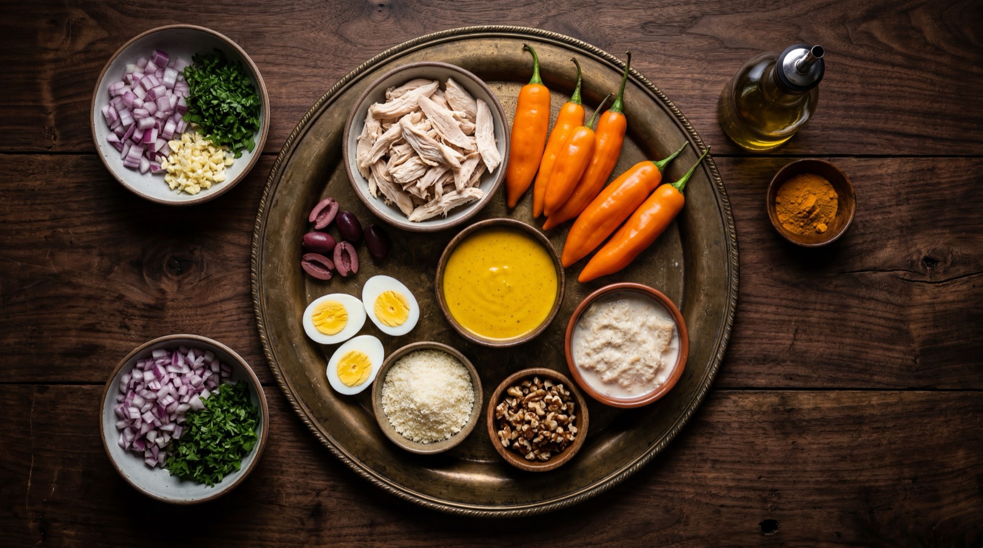 Ingredientes del aji de gallina peruano: pechuga de gallina entera con hueso, ajies amarillos frescos enteros, nueces pecanas tostadas, pan de molde blanco, leche evaporada entera, cebolla amarilla grande, dientes de ajo fresco, queso parmesano rallado, papa amarilla, aceitunas de botija negras y huevos