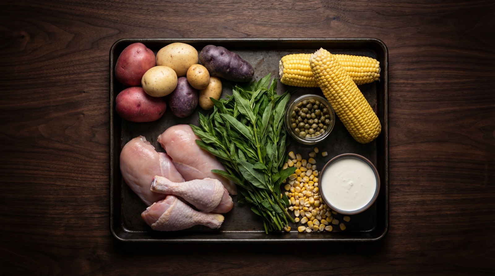 Ingredientes del ajiaco: tres tipos de papa, pollo, mazorca, guascas, alcaparras, crema y aguacate