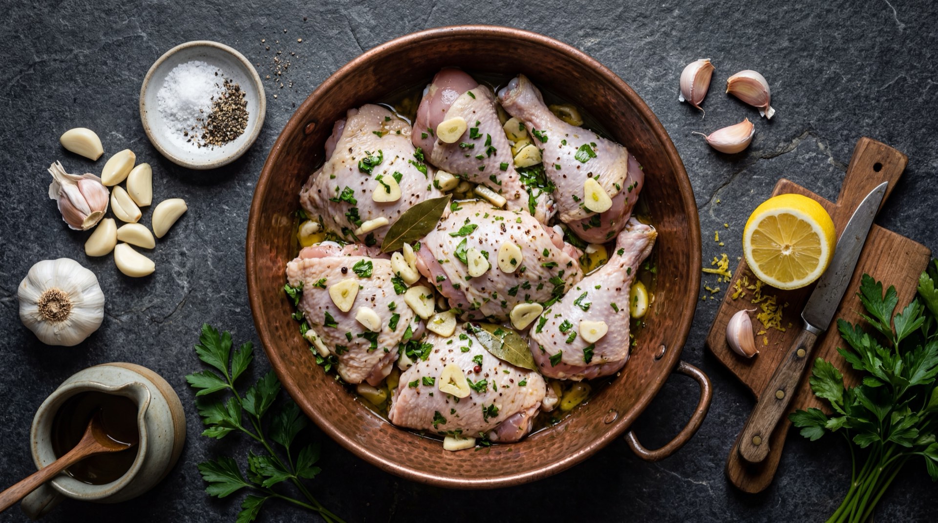Dientes de ajo fresco pelados, ajo en polvo, ajo asado y ajo negro fermentado mostrando las diferentes formas de consumo