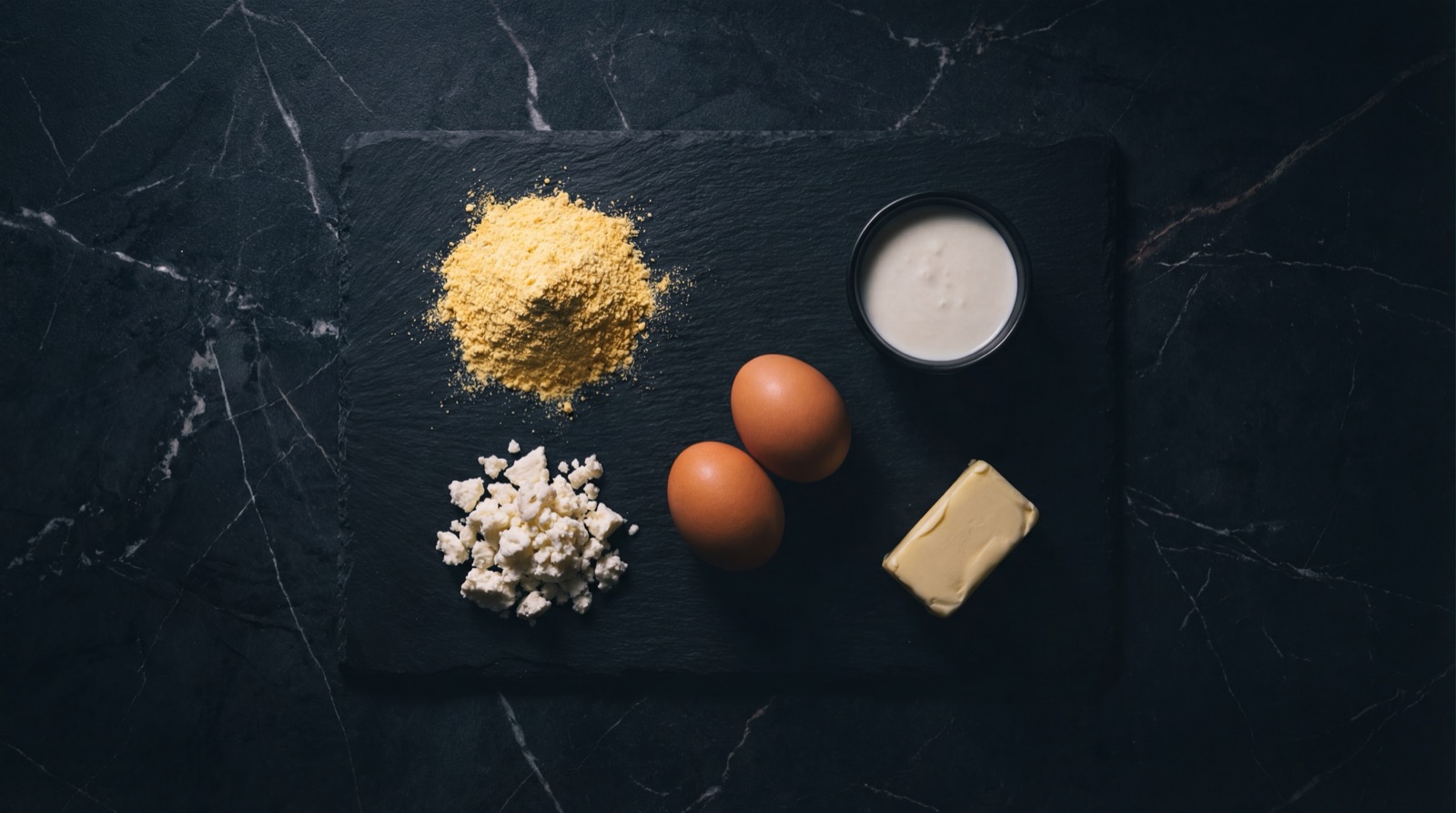 Ingredientes de la almojabana: harina de maiz, cuajada, queso campesino, huevos y mantequilla