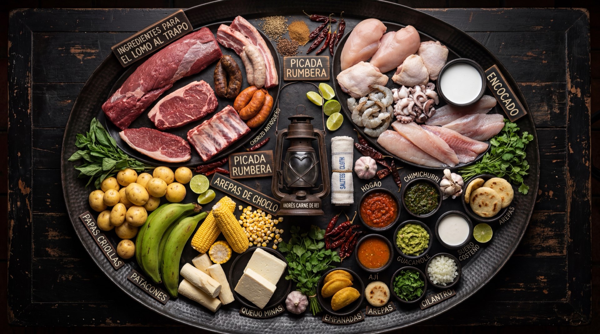 Ingredientes de la picada de Andres Carne de Res: lomo de res crudo en tiras gruesas, chorizos santarosanos frescos, morcillas colombianas, chicharron de cerdo sin cocinar, papas criollas pequenas enteras, arepas blancas de maiz, platanos maduros enteros, aguacate fresco para guacamole y limones verdes