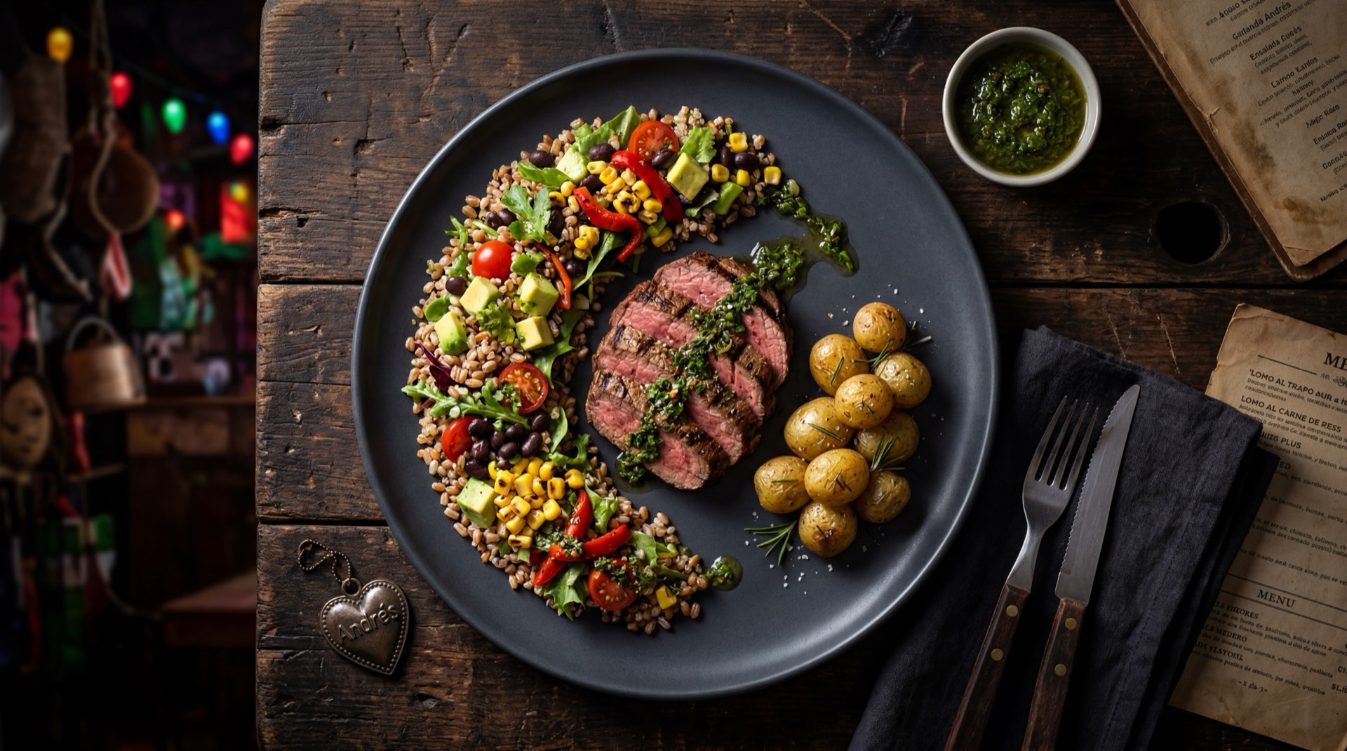 Version saludable de la picada de Andres Carne de Res con lomo de res a la plancha, ensalada verde fresca, papa criolla al horno y guacamole fresco casero sin chicharron ni frituras