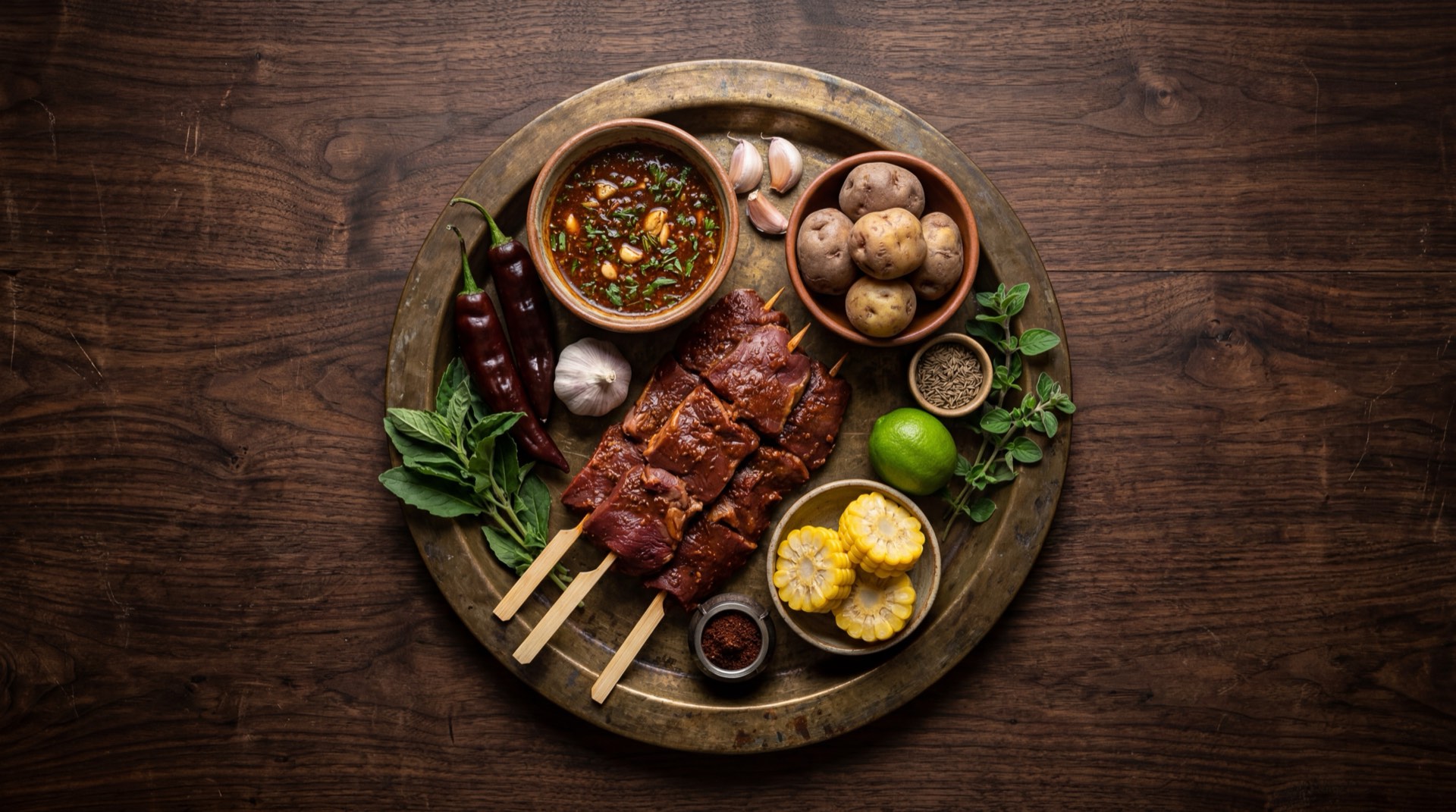 Ingredientes de los anticuchos peruanos: corazon de res limpio en cubos, aji panca seco molido en pasta, vinagre de vino tinto, comino molido, dientes de ajo fresco machacados, oregano seco, sal marina gruesa, pimienta negra, palitos de bambu y aceite vegetal