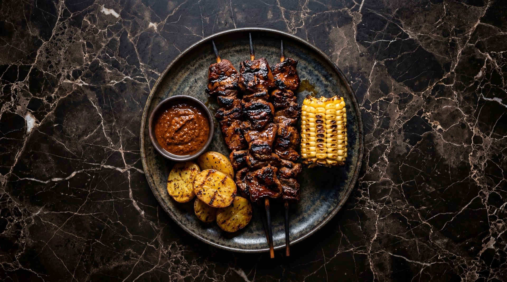 Anticuchos peruanos de corazon de res marinados en aji panca seco molido asados a la parrilla con papa dorada y choclo tierno cocido en plancha de acero ennegrecido sobre mesa de bronce patinado oscuro
