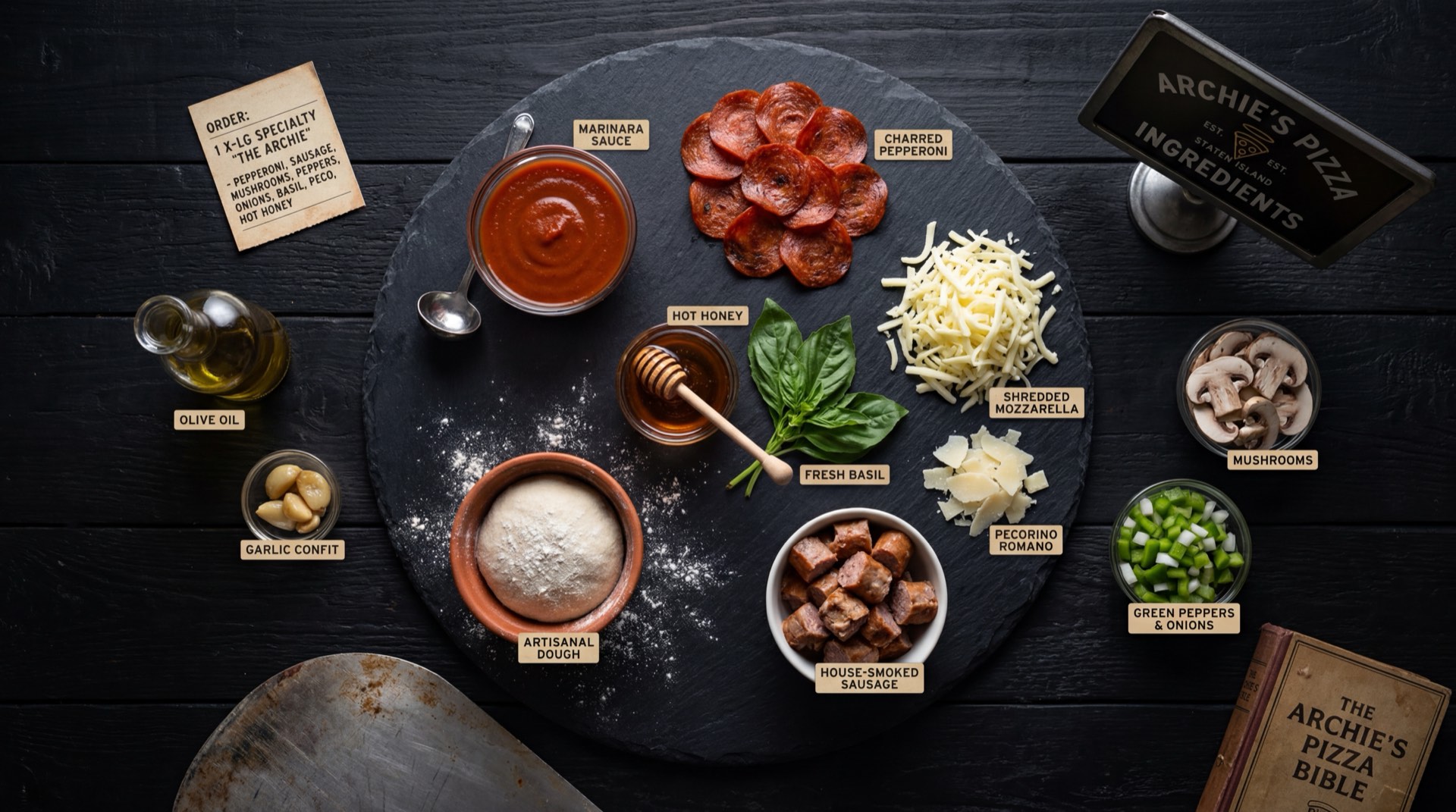Ingredientes para pizza artesanal estilo Archie's: harina de trigo para pizza tipo 00, queso mozzarella fresco en bola, salsa de tomate italiano natural, aceite de oliva extra virgen, albahaca fresca, pepperoni en rodajas y champiñones frescos laminados