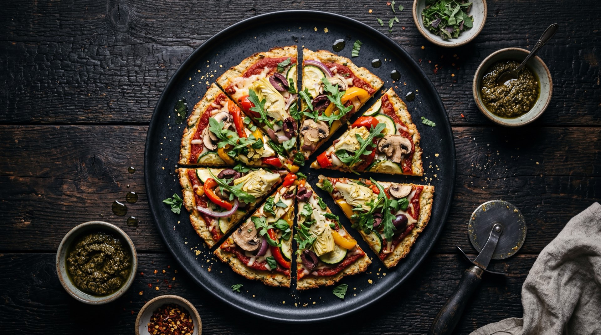 Pizza artesanal saludable estilo Archie's con base de coliflor, queso mozzarella light, tomate rojo fresco en rodajas, rucula fresca y champiñones frescos laminados