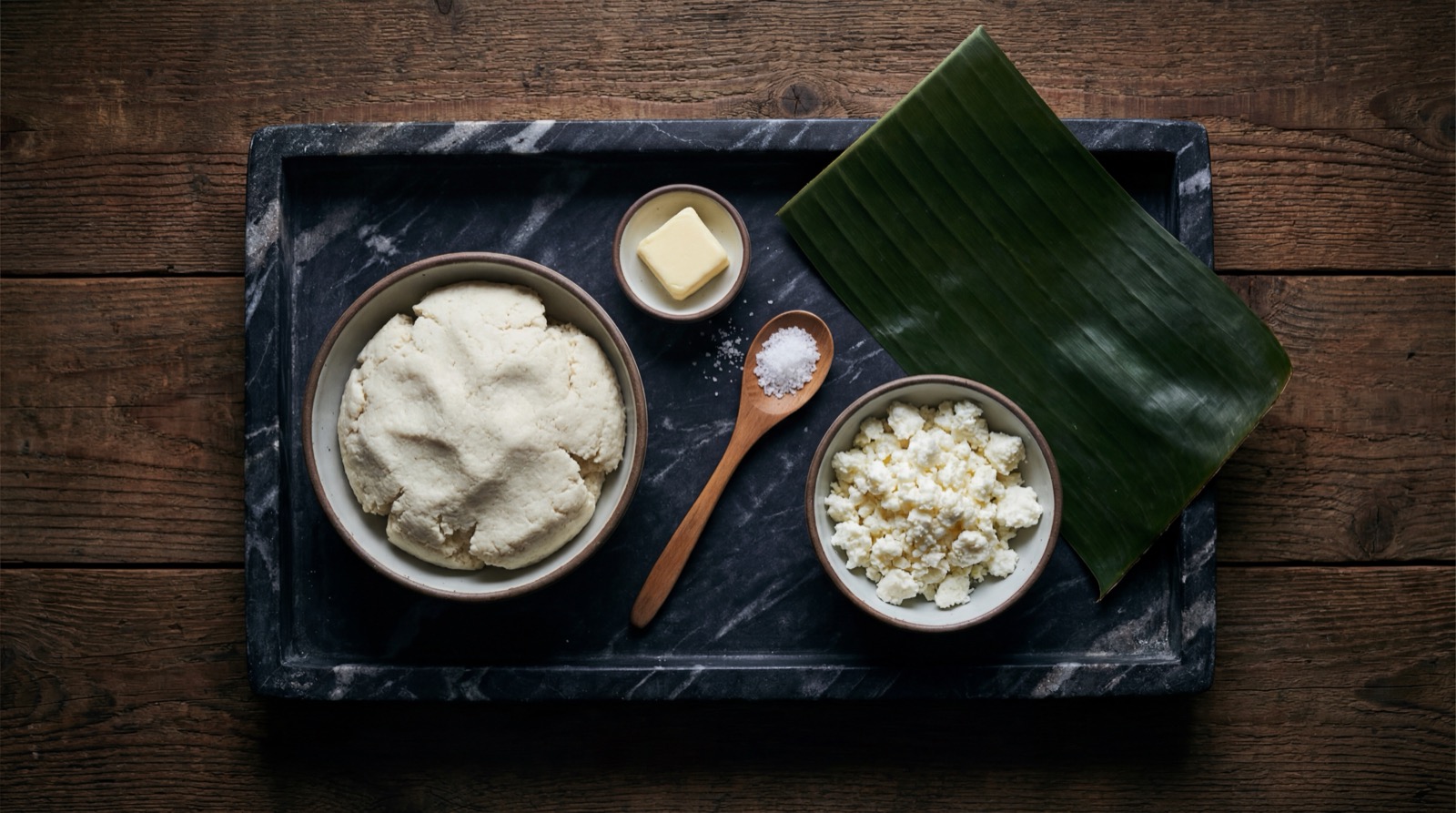 Ingredientes de la arepa colombiana: harina de maiz precocida, agua, sal y queso