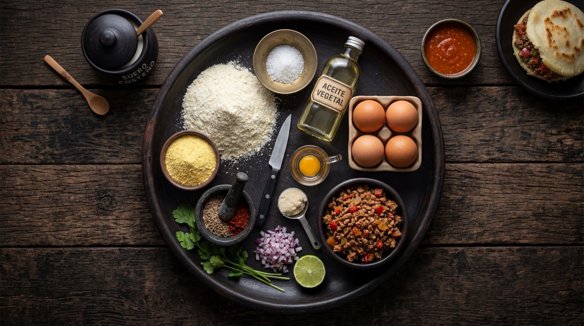 Ingredientes del arepa de huevo cartagenera: masa de maiz blanco precocido, pechuga de pollo fresco desmechado, carne de cerdo fresca en cubos, papa criolla pelada, zanahoria grande en rodajas, arvejas verdes frescas, huevos duros, cebolla larga fresca, ajo fresco, tomate rojo maduro y hojas de platano