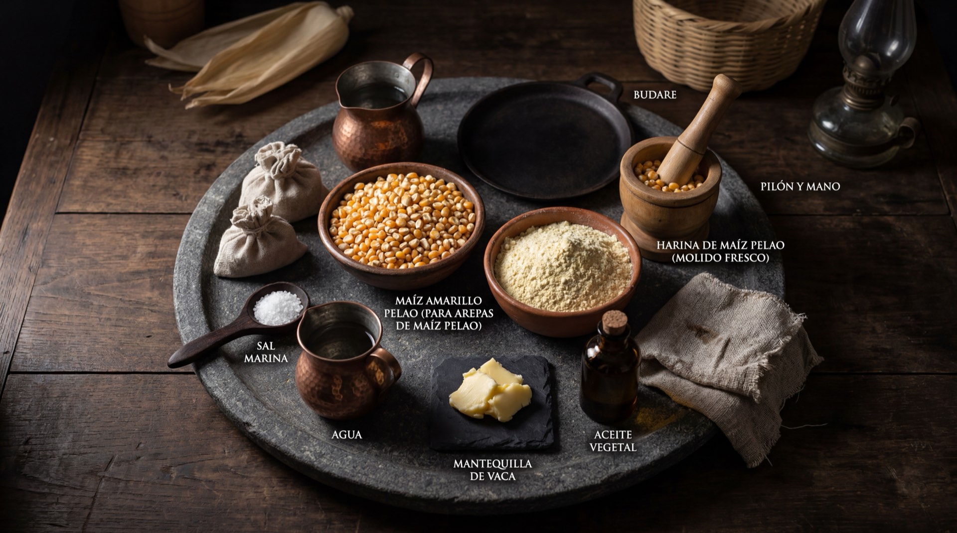 Ingredientes para la arepa de maiz pelao: maiz blanco seco trillado, ceniza de lena, sal marina gruesa y mantequilla