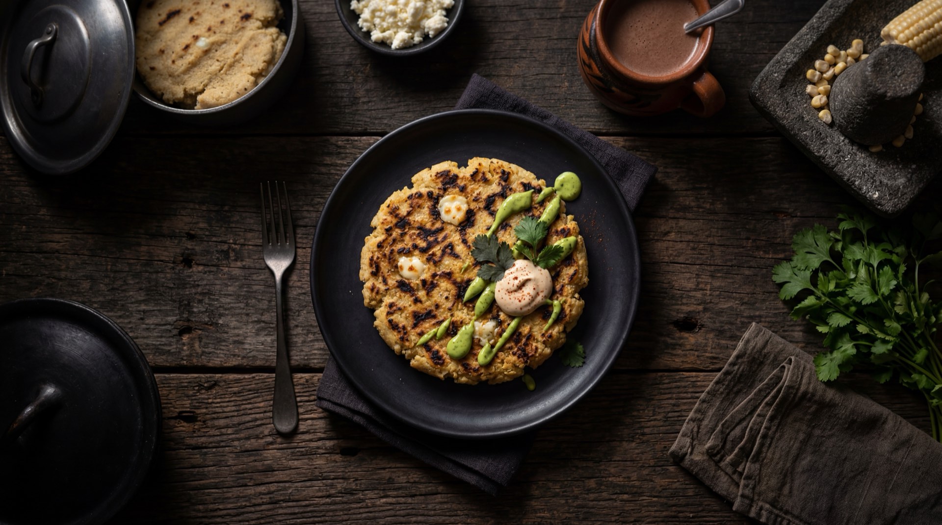 Arepa de maiz pelao saludable asada sin grasa con ensalada fresca de tomate y aguacate