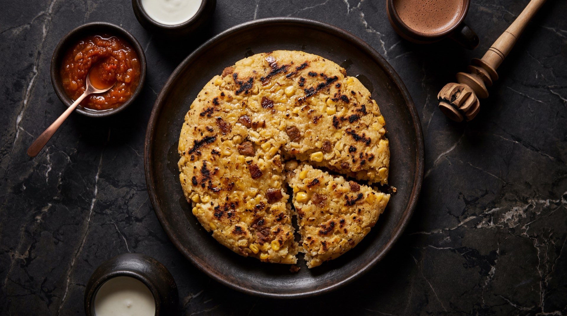 Arepa de maiz pelao santandereana asada en tiesto de barro con costra dorada crujiente