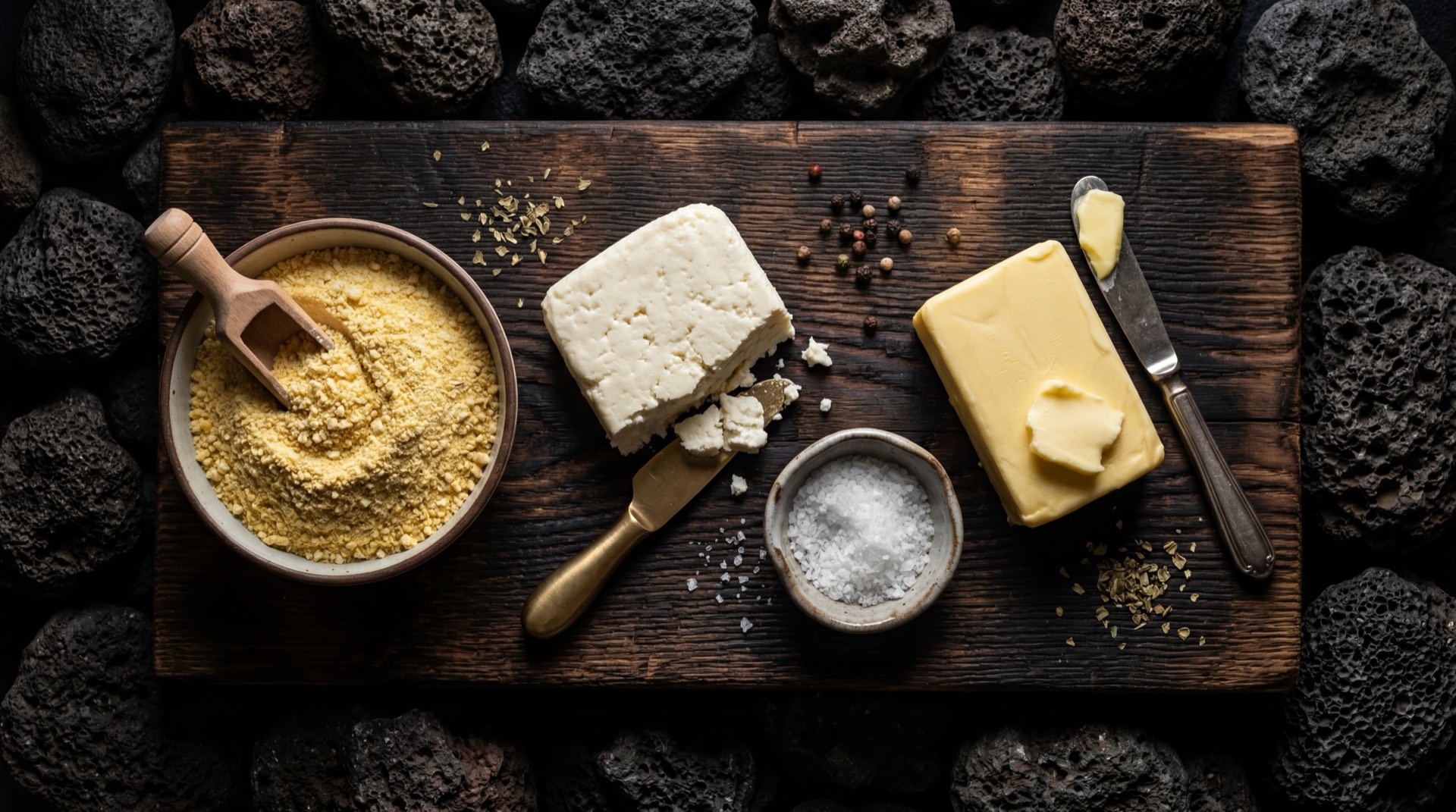 Ingredientes de la arepa Don Maiz: harina de maiz blanco precocida, agua filtrada, sal marina fina y queso costeno rallado dispuestos sobre superficie oscura