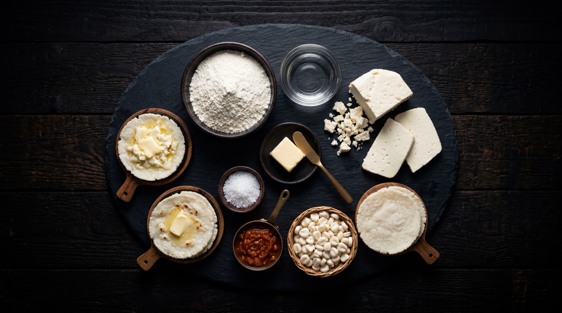 Ingredientes de la arepa paisa: harina de maiz blanco precocida, agua tibia, sal y mantequilla