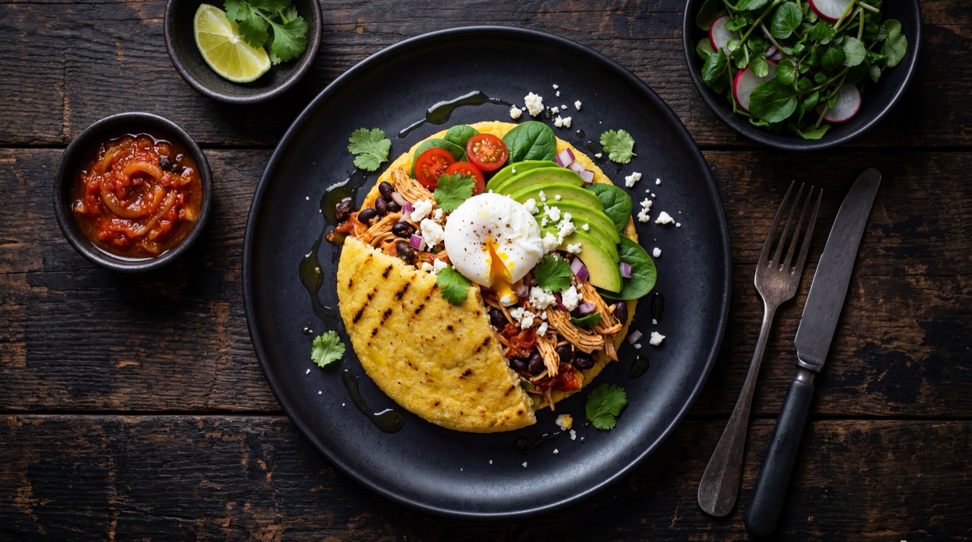 Arepa paisa saludable con aguacate fresco y tomate rojo maduro