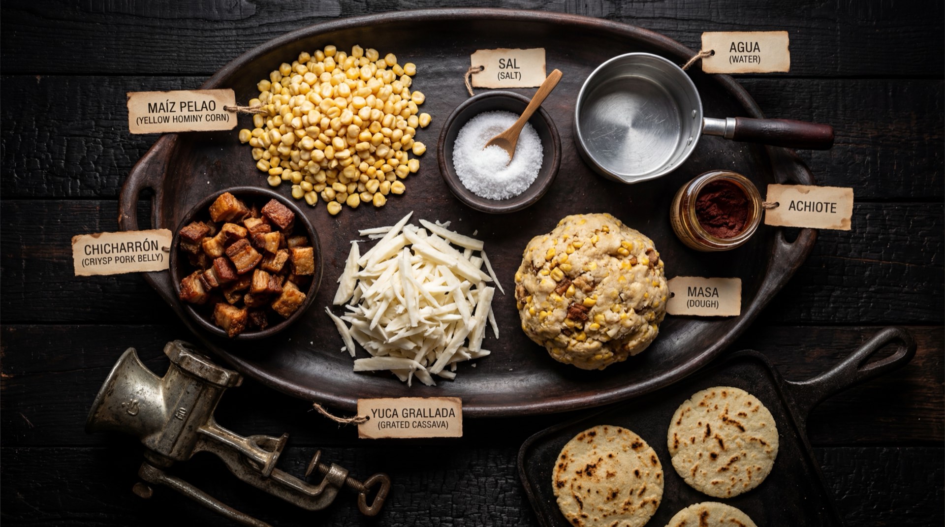 Ingredientes de la arepa santandereana: harina de maiz amarillo precocida, mantequilla, sal, azucar y agua tibia