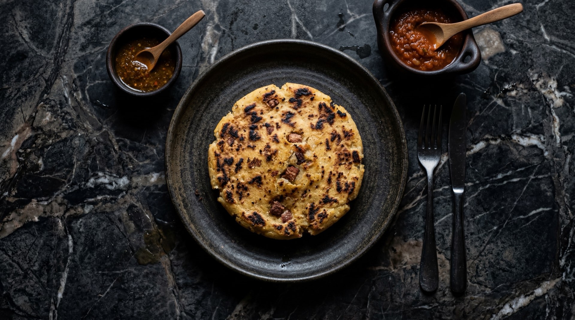Arepa santandereana de maiz amarillo crujiente sobre plato de ceramica oscura