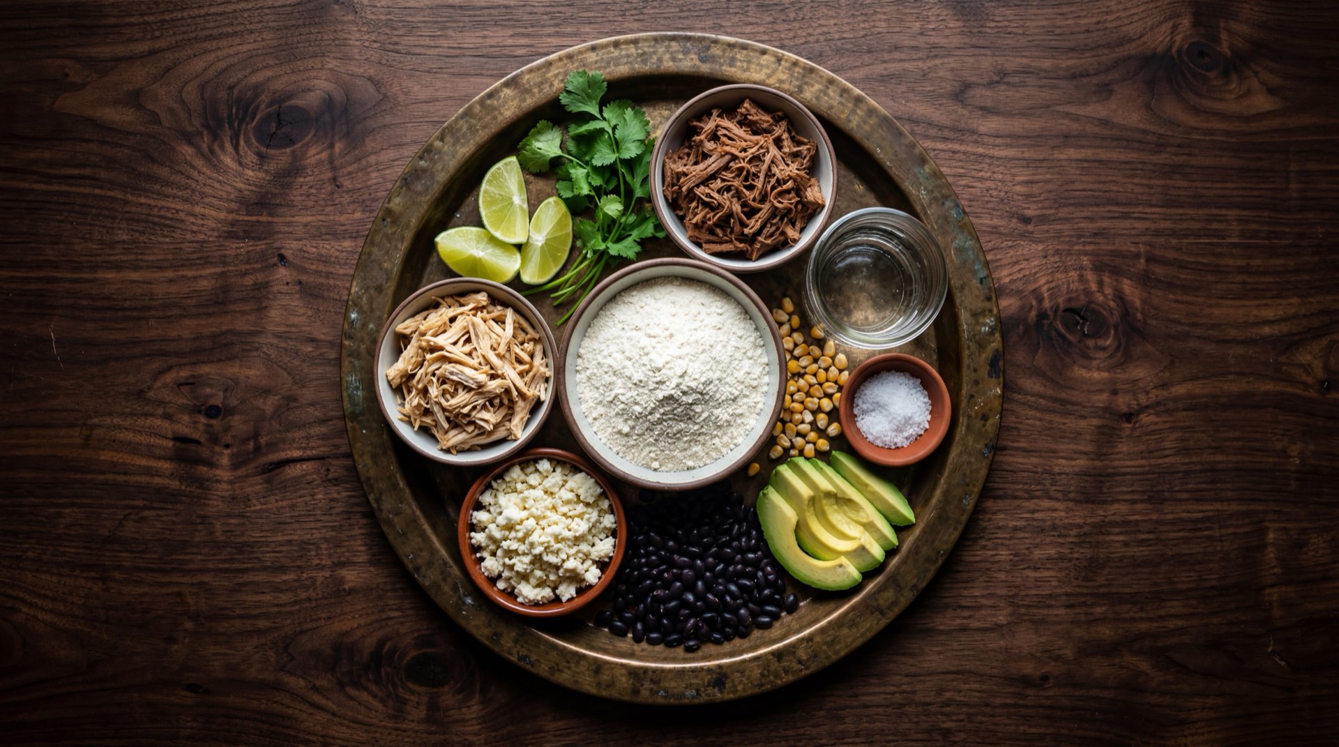 Ingredientes de la arepa venezolana: harina de maiz precocida blanca tipo Harina P.A.N., agua tibia en recipiente, sal fina, aceite vegetal neutro y mantequilla sin sal