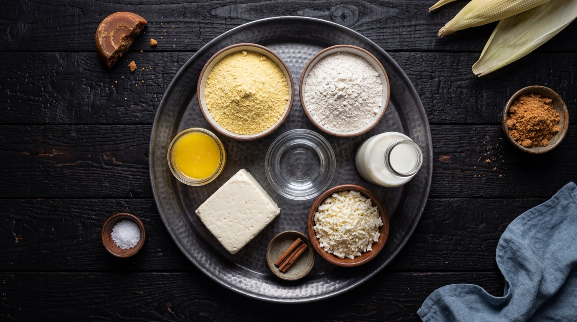 Ingredientes del arepa boyacense: masa de maiz blanco precocido, pechuga de pollo fresco desmechado, carne de cerdo fresca en cubos, papa criolla pelada, zanahoria grande en rodajas, arvejas verdes frescas, huevos duros, cebolla larga fresca, ajo fresco, tomate rojo maduro y hojas de platano