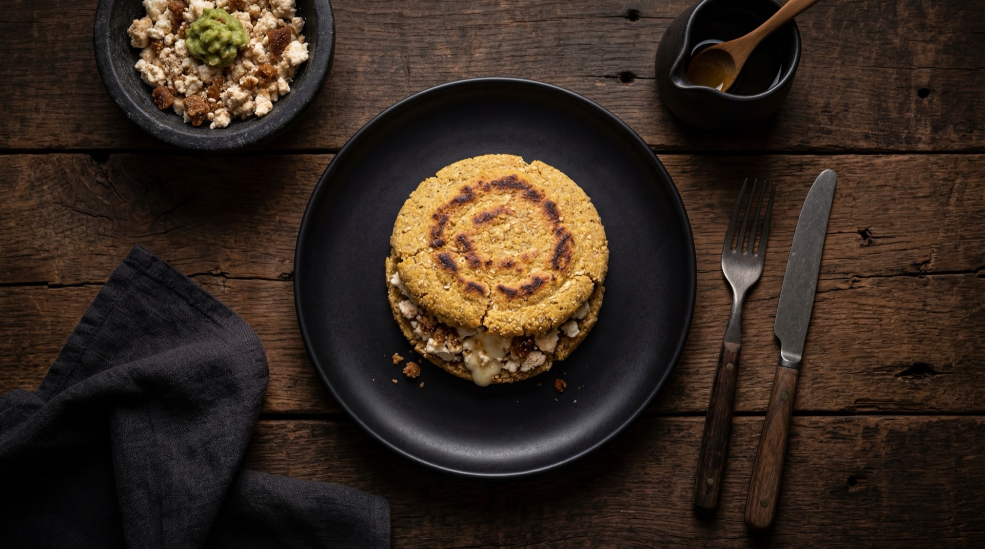 Arepa boyacense saludable version ligera con menos masa de maiz blanco precocido y mas vegetales frescos relleno visible