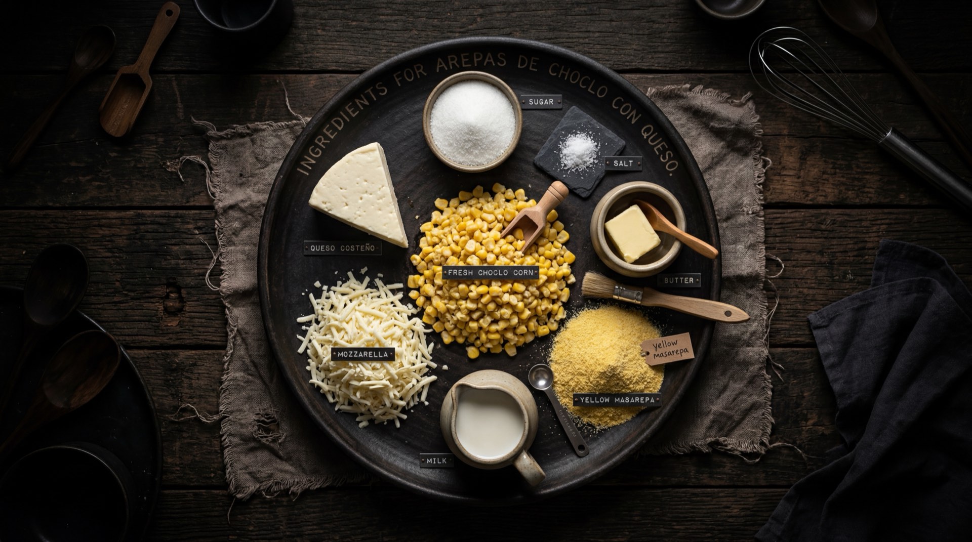 Ingredientes de las arepas de choclo con queso: mazorcas de maiz tierno dulce desgranado, queso mozzarella rallado, mantequilla sin sal, azucar blanca, sal y huevo batido