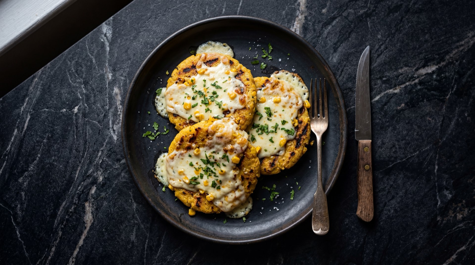 Arepas de choclo con queso colombianas doradas en la plancha, con maiz tierno dulce y queso mozzarella derretido por dentro