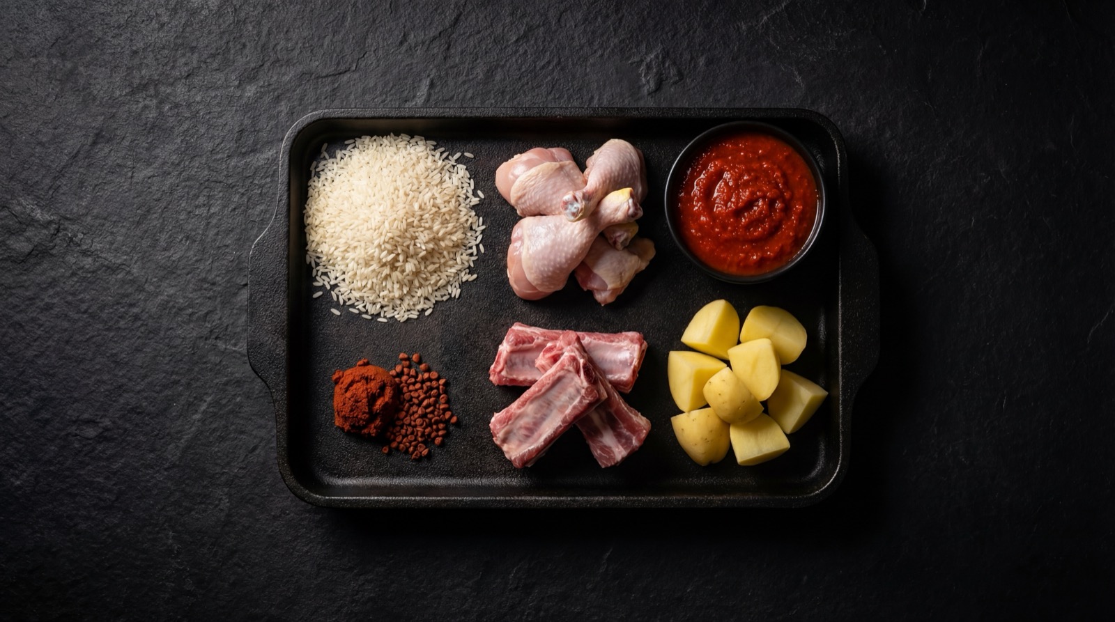 Ingredientes del arroz atollado: costilla de cerdo, pollo, longaniza, papa y hogao