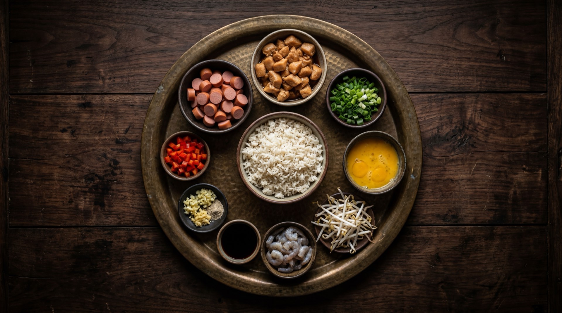 Ingredientes del arroz chaufa peruano: arroz blanco cocido frio, pechuga de pollo sin piel en cubos, huevos frescos enteros, cebolla china fresca en manojo, salsa de soya oscura, aceite de ajonjoli tostado, jengibre fresco, dientes de ajo fresco y aceite vegetal