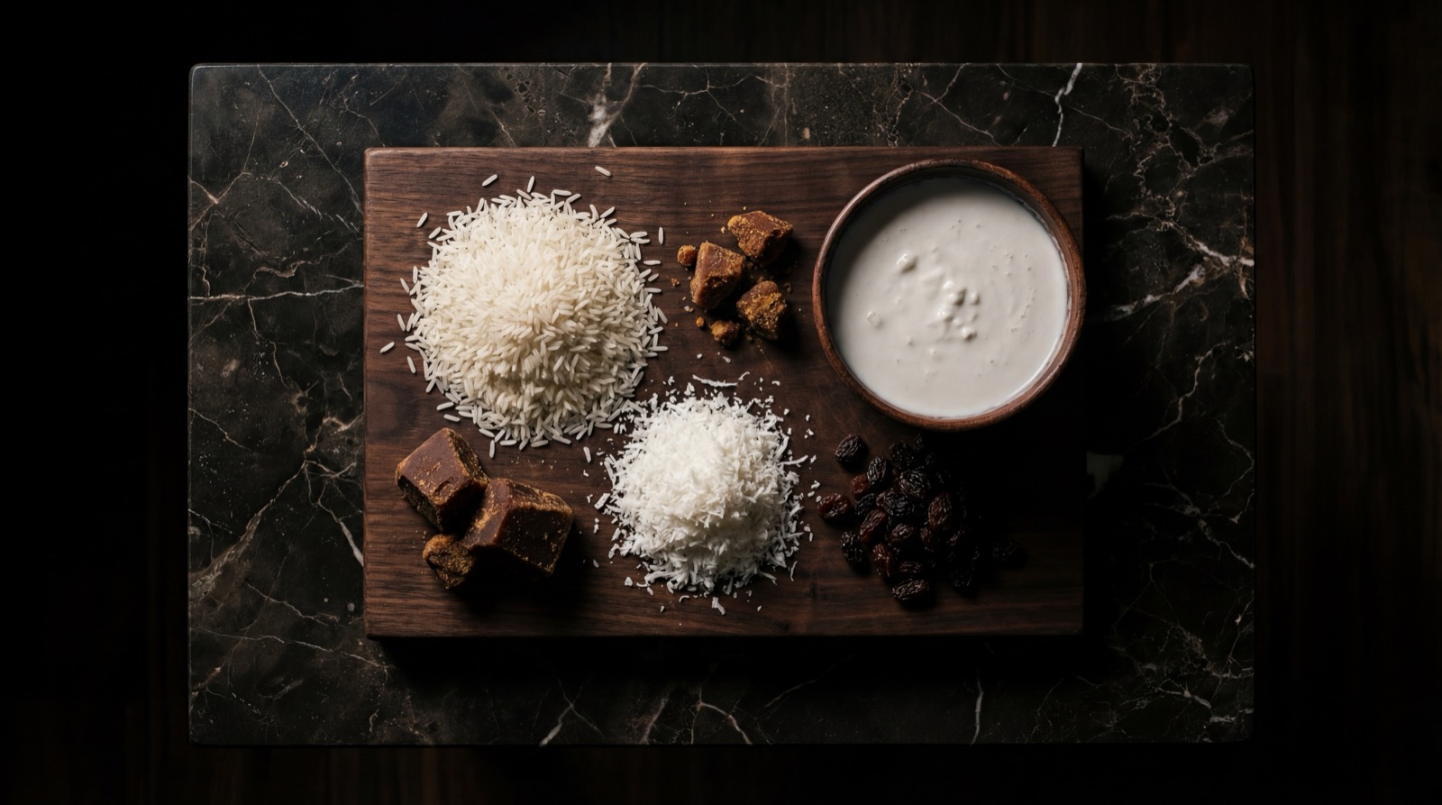 Ingredientes del arroz con coco: arroz blanco, leche de coco, panela, azucar y pasas