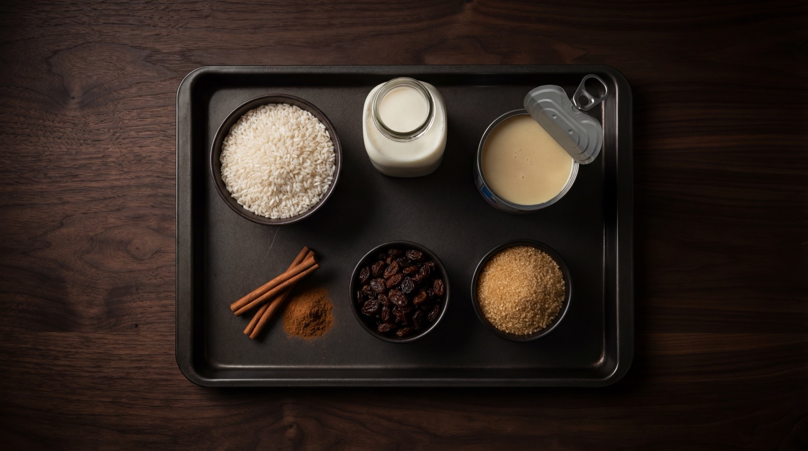 Ingredientes del arroz con leche colombiano: arroz, leche, leche condensada, canela, uvas pasas y limon