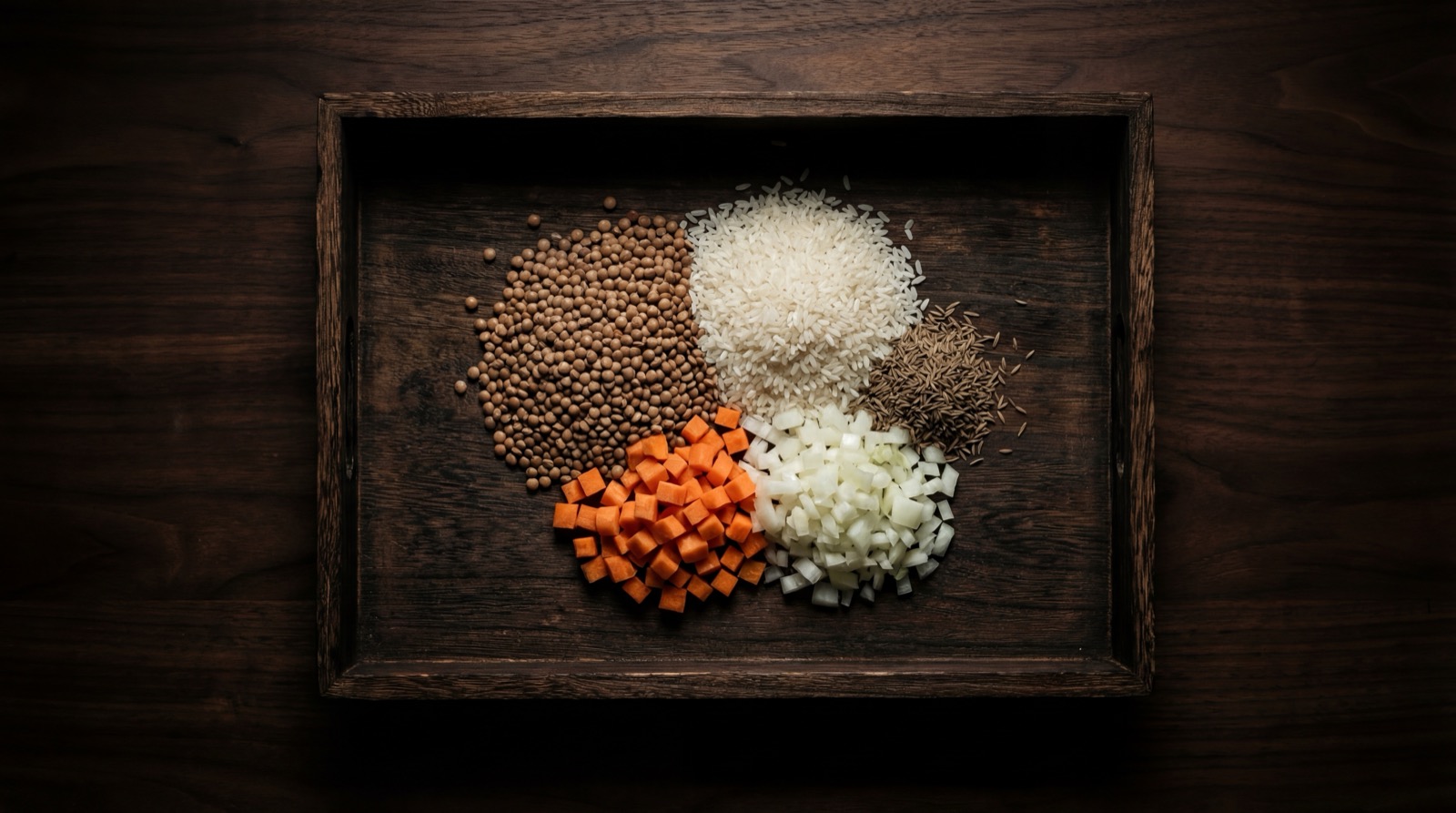 Ingredientes del arroz con lentejas: lentejas, arroz, zanahoria, cebolla, ajo, tomate y especias