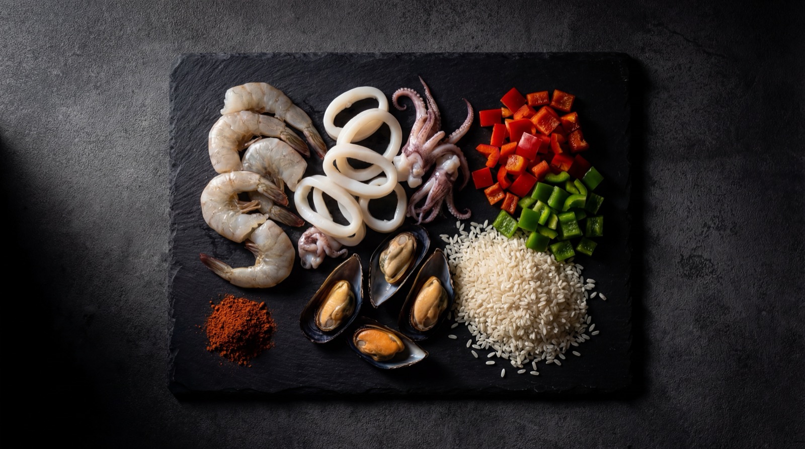 Ingredientes del arroz con mariscos: camaron, calamar, mejillones, arroz, pimenton, tomate y achiote
